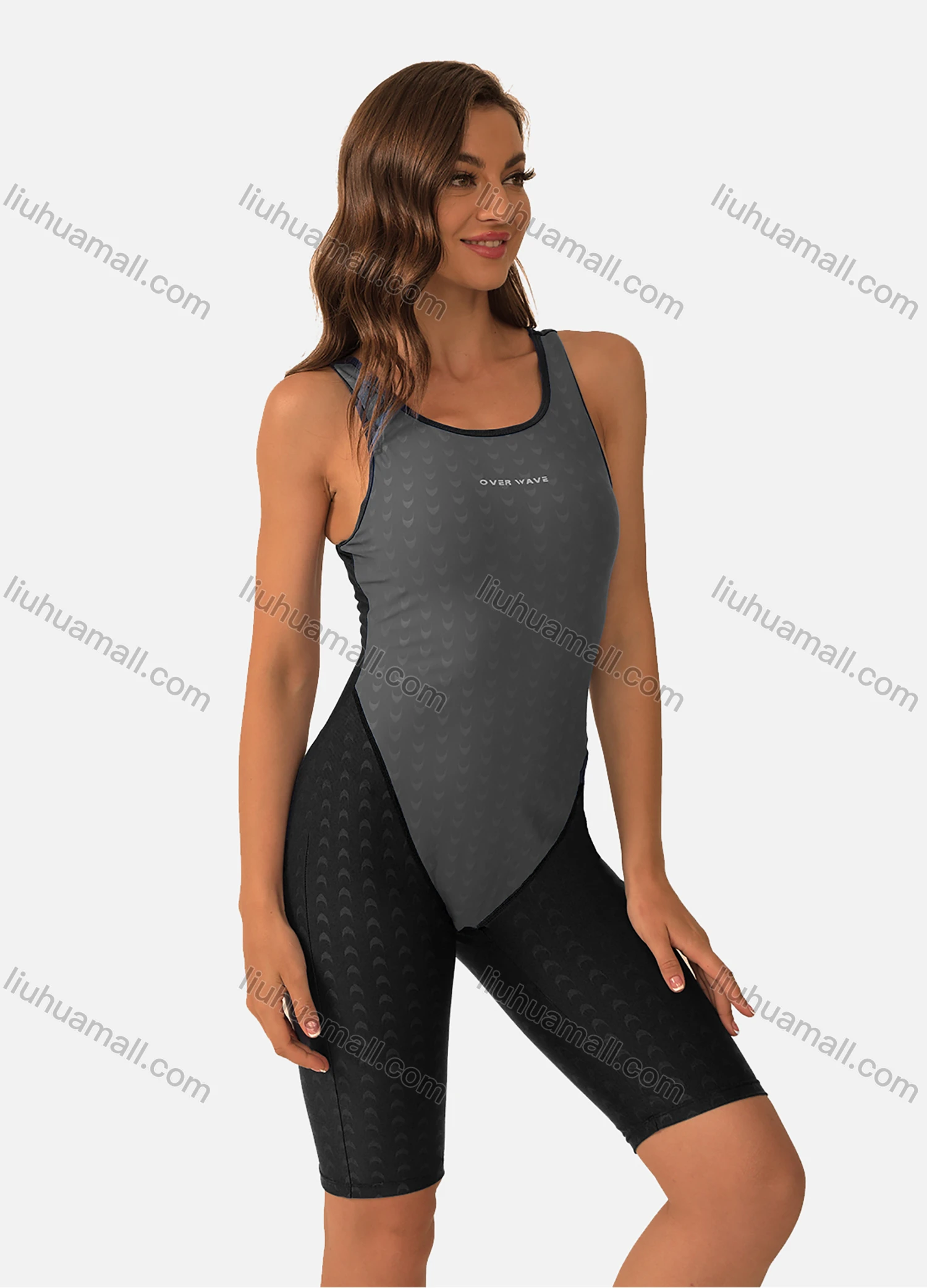 Wholesale Women's One Piece Cutout Back Kneeskin Colorblock Athletic Professional Swimsuit - Liuhuamall