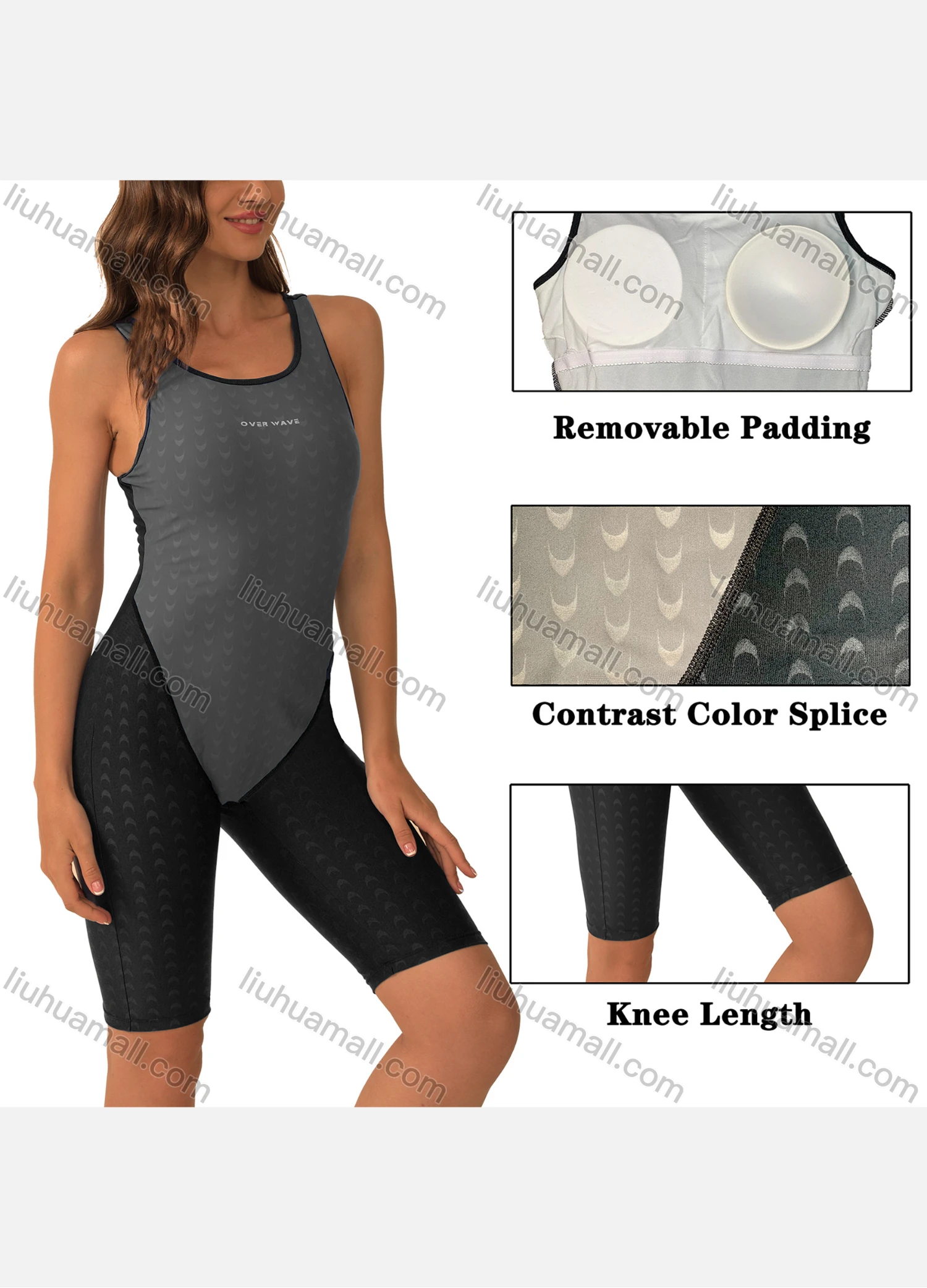 Wholesale Women's One Piece Cutout Back Kneeskin Colorblock Athletic Professional Swimsuit - Liuhuamall