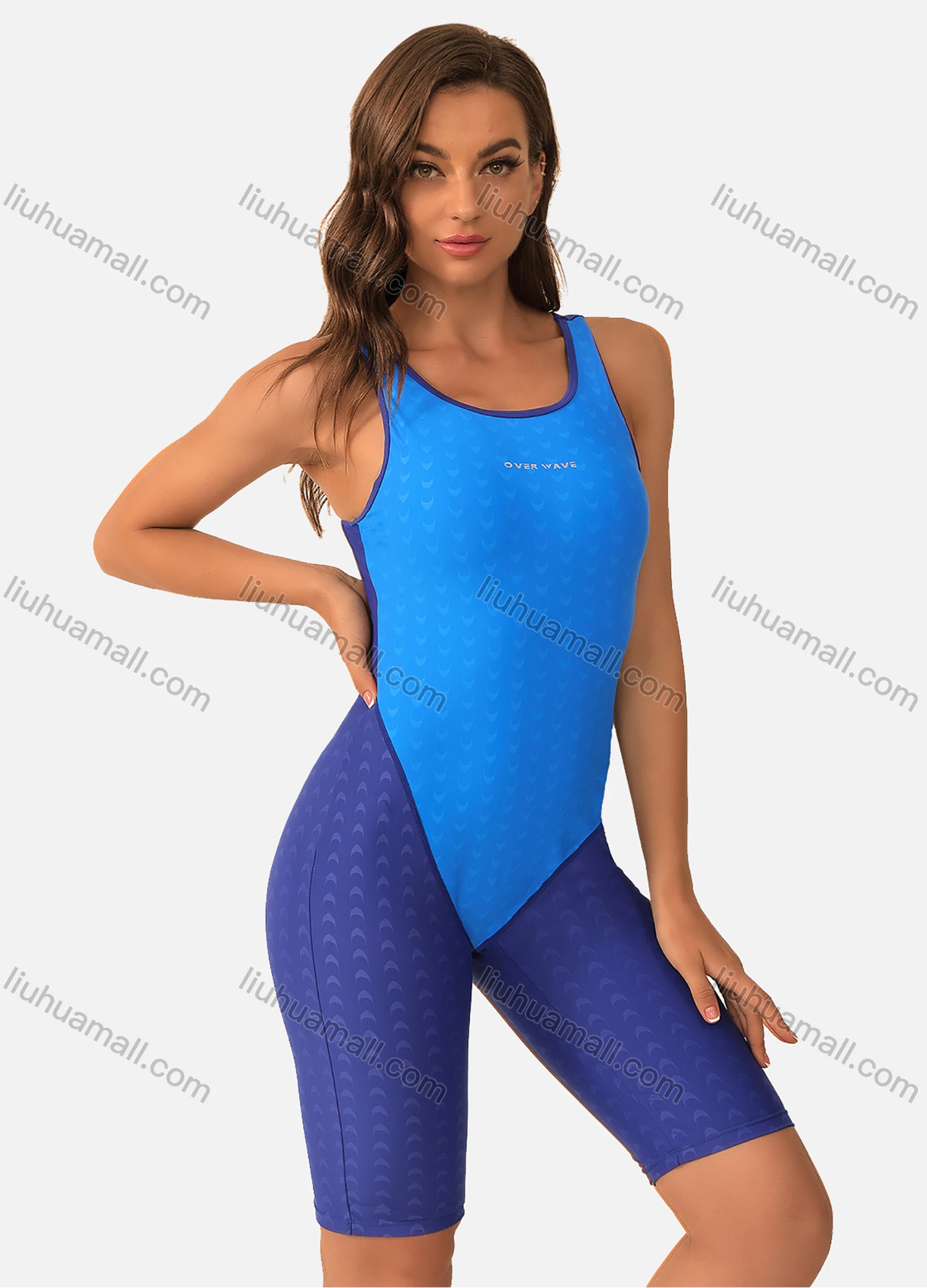 Wholesale Women's One Piece Cutout Back Kneeskin Colorblock Athletic Professional Swimsuit - Liuhuamall