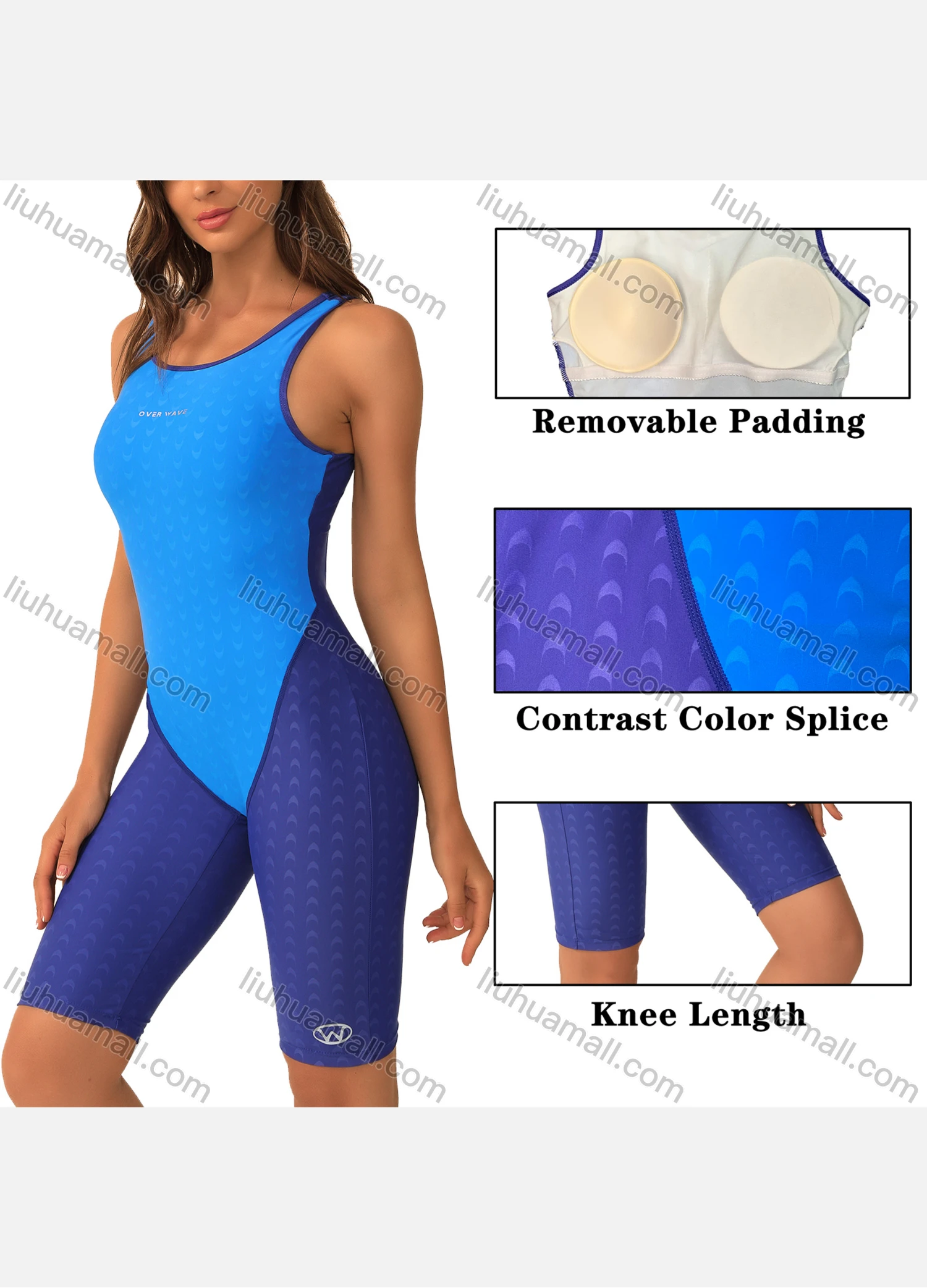 Wholesale Women's One Piece Cutout Back Kneeskin Colorblock Athletic Professional Swimsuit - Liuhuamall