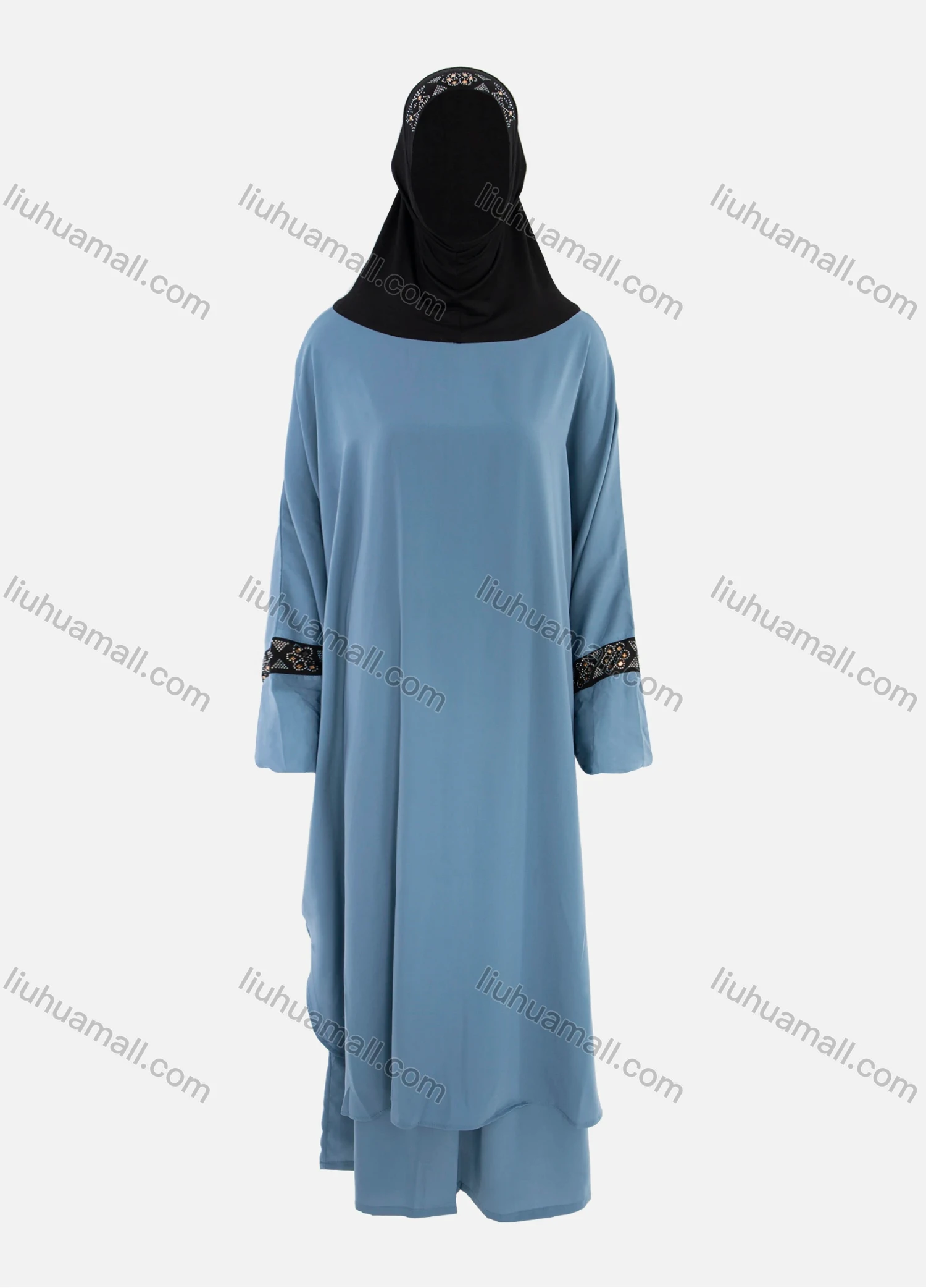 Wholesale Women's Islamic Modest Linen Rhinestone Detial Abaya Dress 2 Pieces Set With Hijab - Liuhuamall