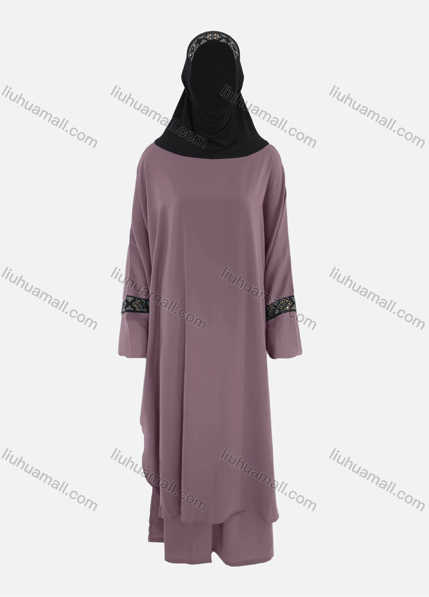Wholesale Women's Islamic Modest Linen Rhinestone Detial Abaya Dress 2 Pieces Set With Hijab - Liuhuamall