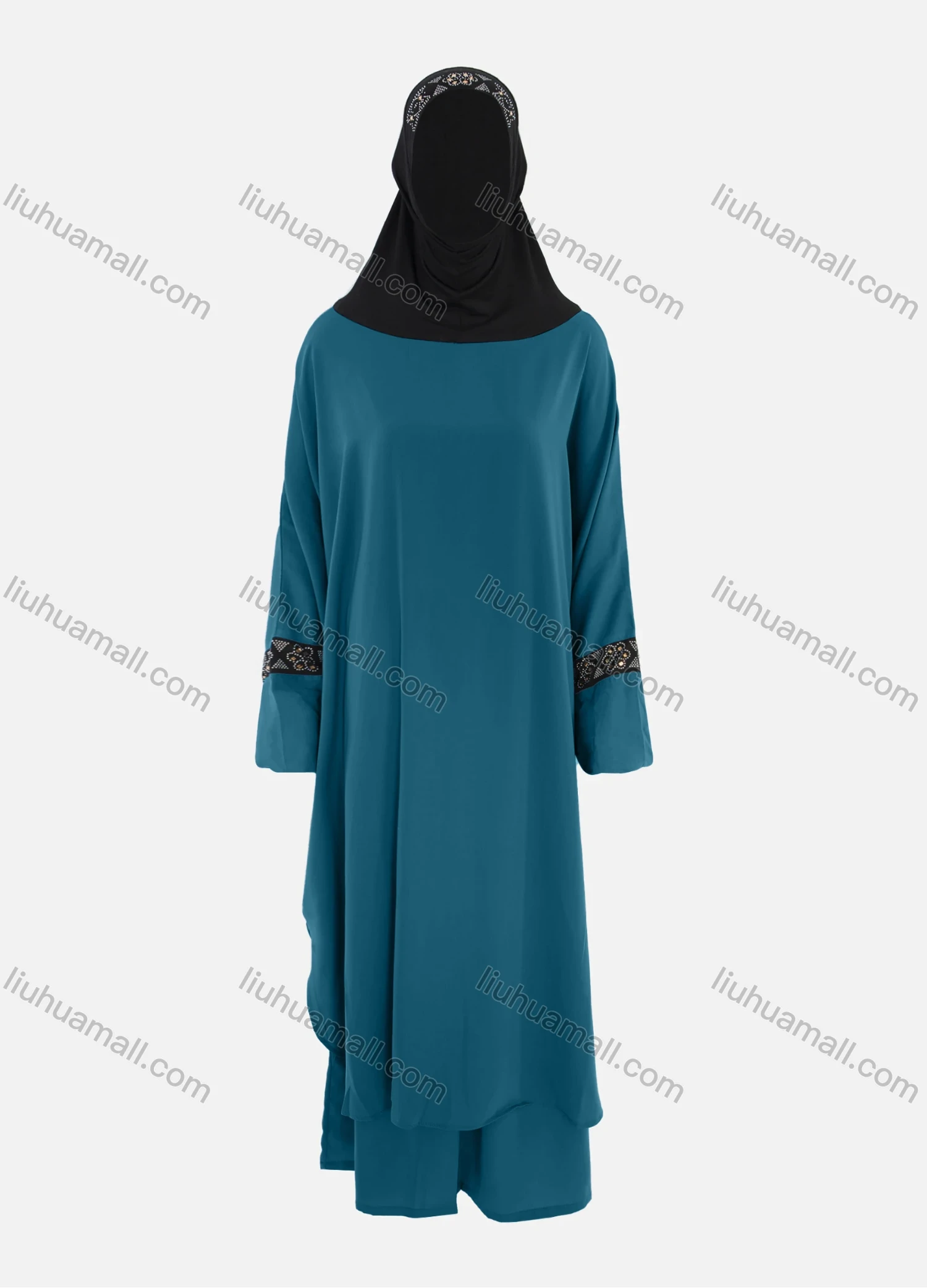 Wholesale Women's Islamic Modest Linen Rhinestone Detial Abaya Dress 2 Pieces Set With Hijab - Liuhuamall