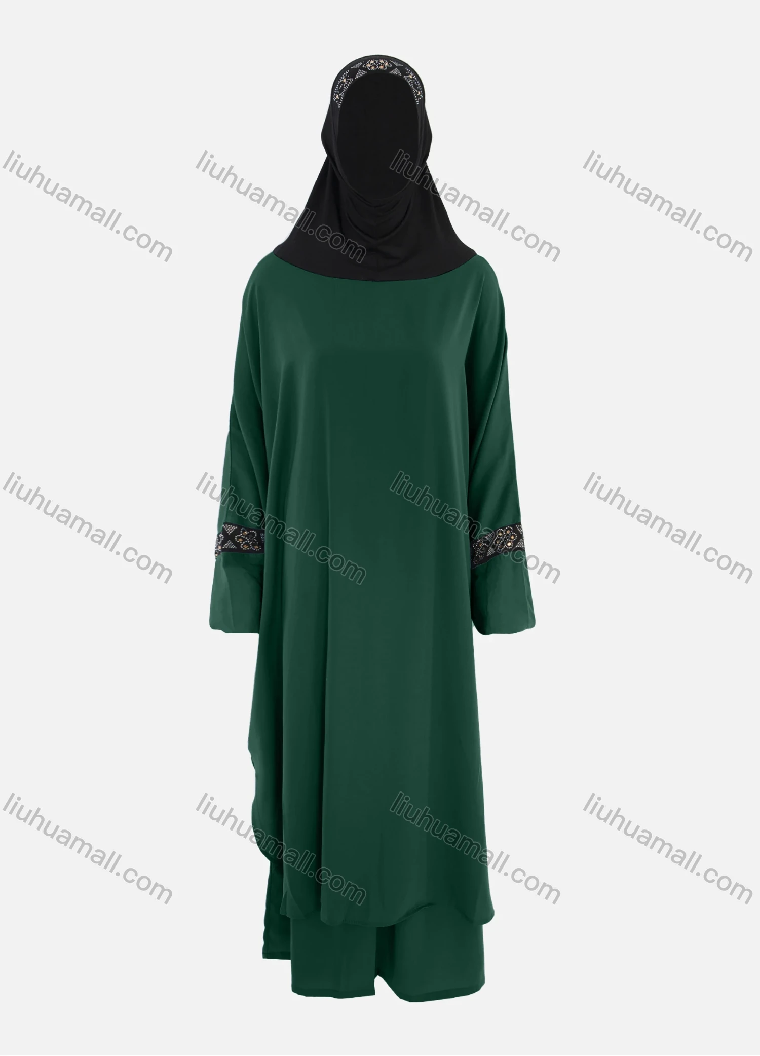 Wholesale Women's Islamic Modest Linen Rhinestone Detial Abaya Dress 2 Pieces Set With Hijab - Liuhuamall