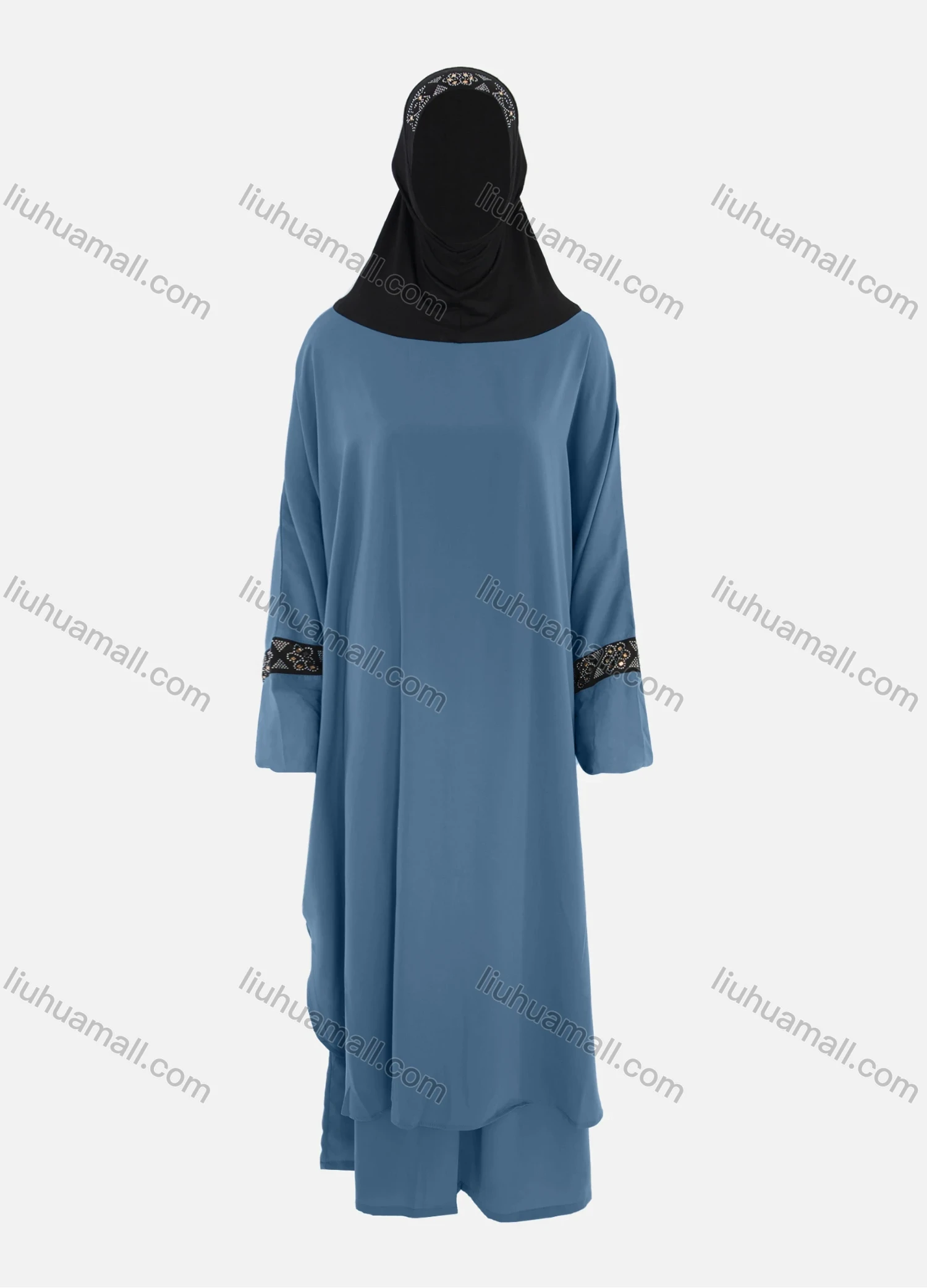 Wholesale Women's Islamic Modest Linen Rhinestone Detial Abaya Dress 2 Pieces Set With Hijab - Liuhuamall