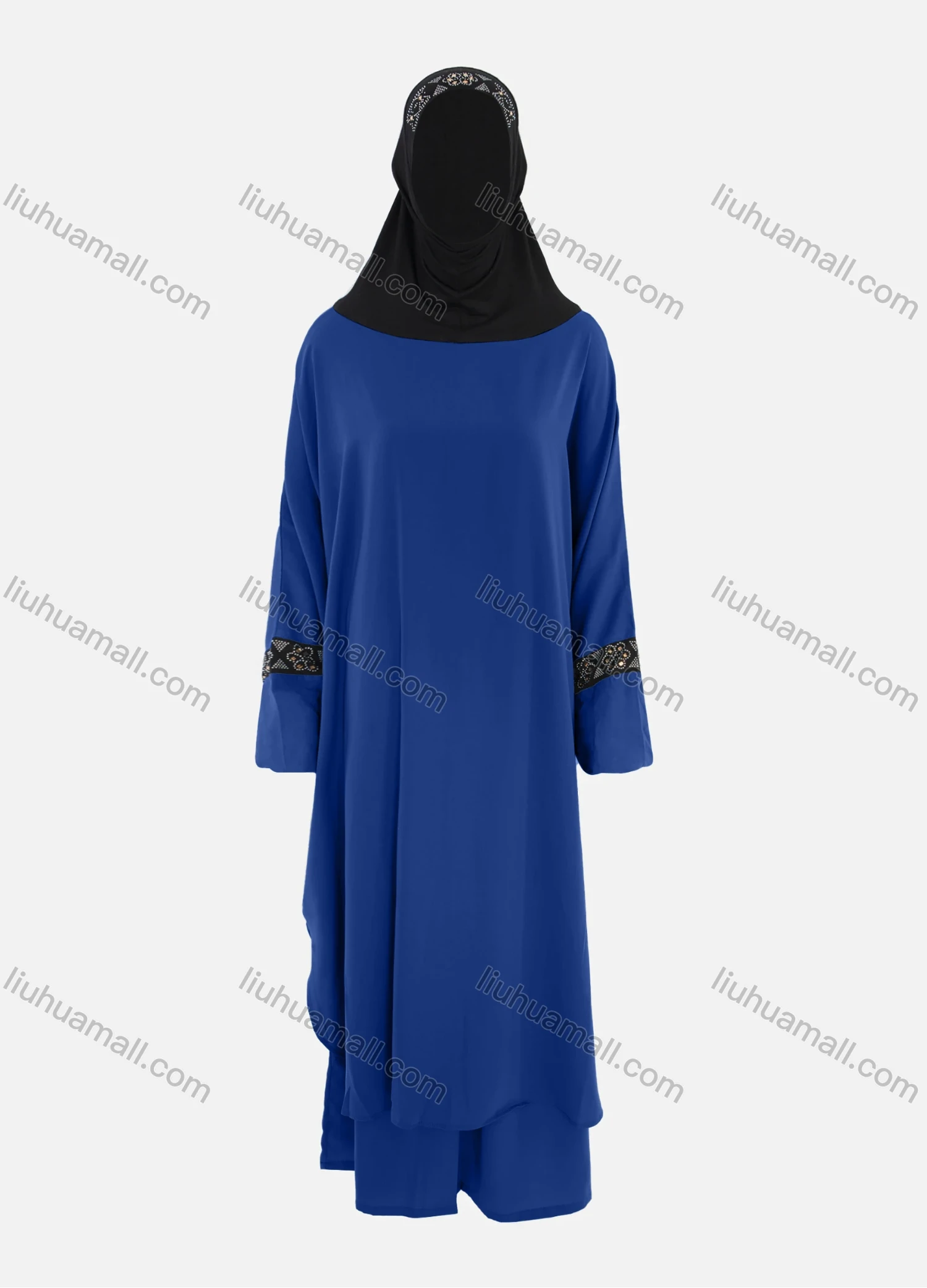 Wholesale Women's Islamic Modest Linen Rhinestone Detial Abaya Dress 2 Pieces Set With Hijab - Liuhuamall