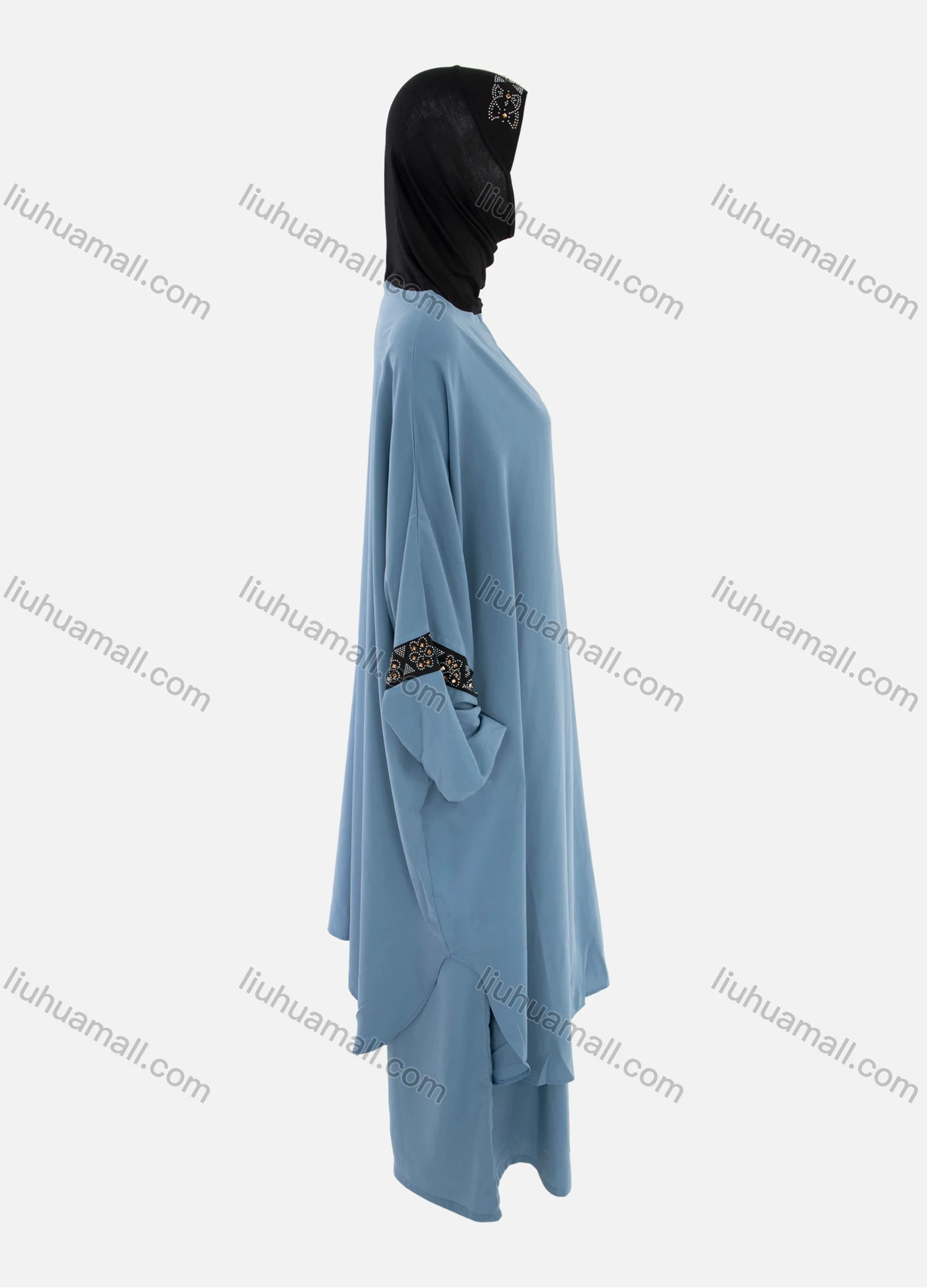 Wholesale Women's Islamic Modest Linen Rhinestone Detial Abaya Dress 2 Pieces Set With Hijab - Liuhuamall