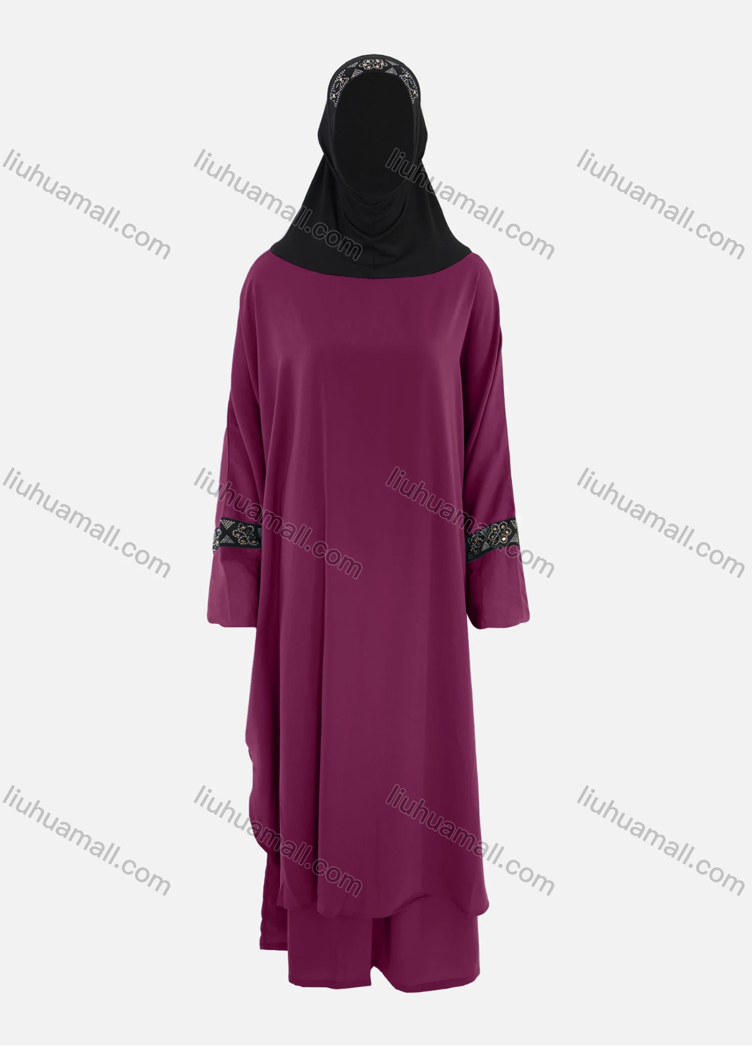 Wholesale Women's Islamic Modest Linen Rhinestone Detial Abaya Dress 2 Pieces Set With Hijab - Liuhuamall