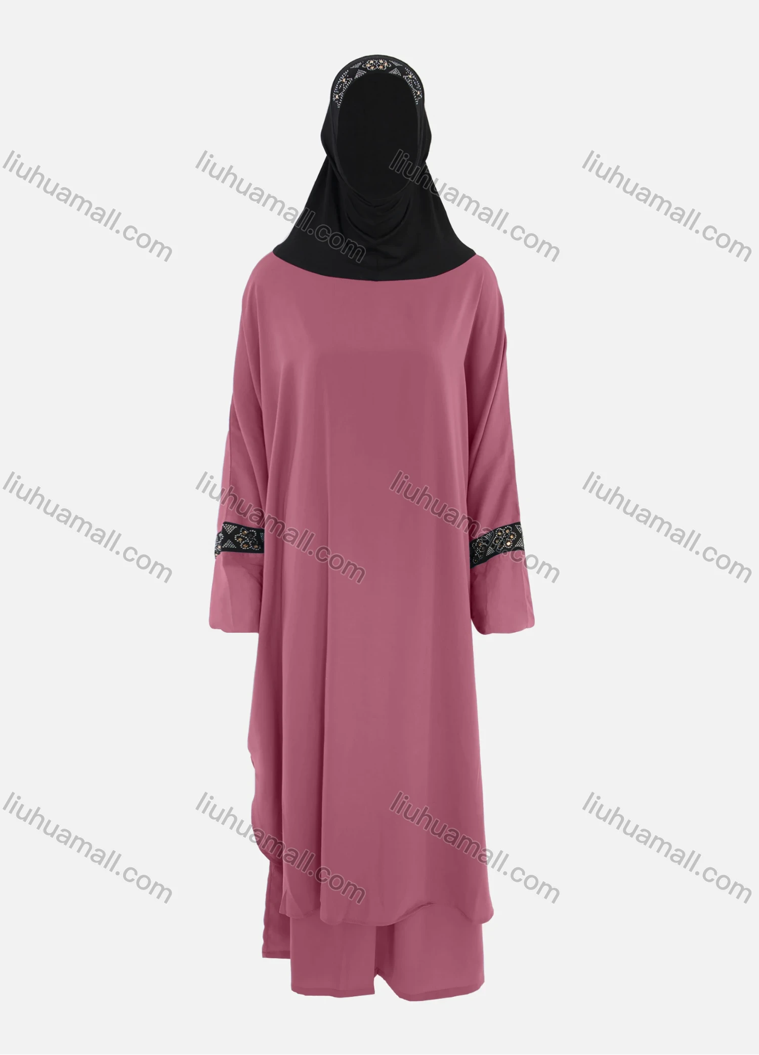 Wholesale Women's Islamic Modest Linen Rhinestone Detial Abaya Dress 2 Pieces Set With Hijab - Liuhuamall
