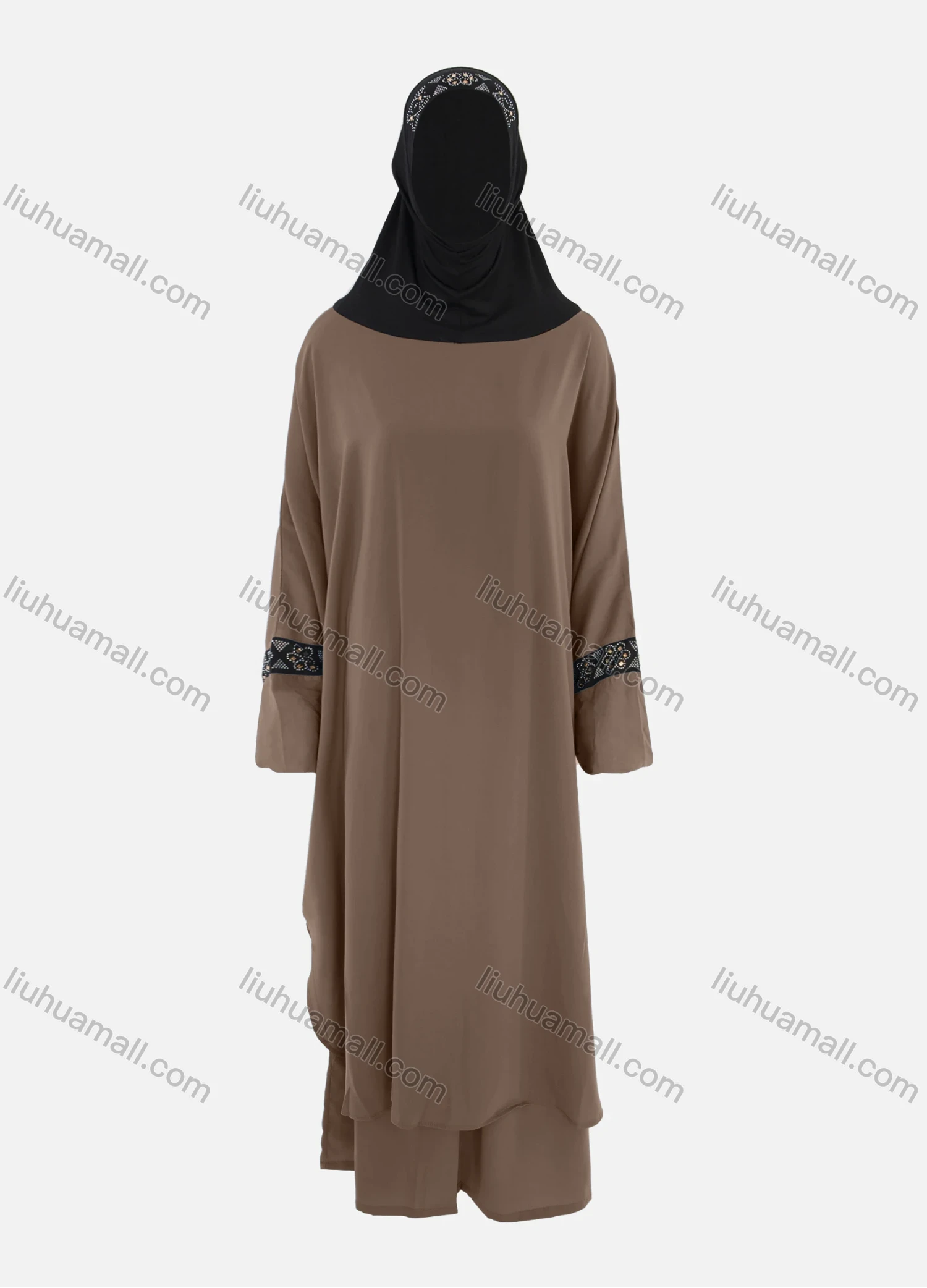 Wholesale Women's Islamic Modest Linen Rhinestone Detial Abaya Dress 2 Pieces Set With Hijab - Liuhuamall