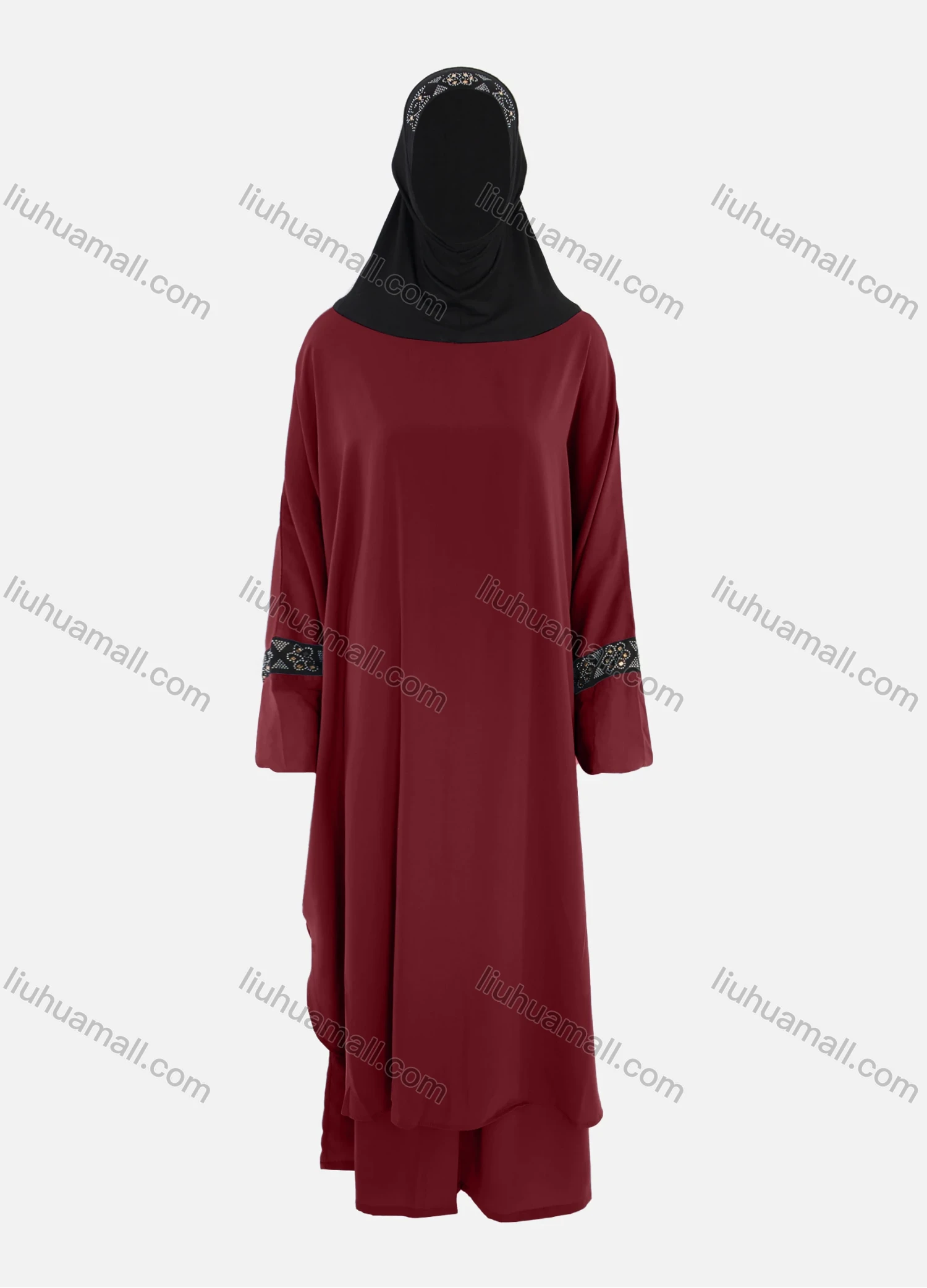 Wholesale Women's Islamic Modest Linen Rhinestone Detial Abaya Dress 2 Pieces Set With Hijab - Liuhuamall