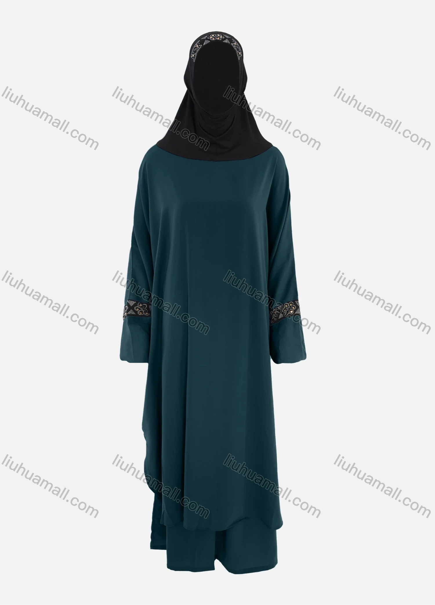 Wholesale Women's Islamic Modest Linen Rhinestone Detial Abaya Dress 2 Pieces Set With Hijab - Liuhuamall