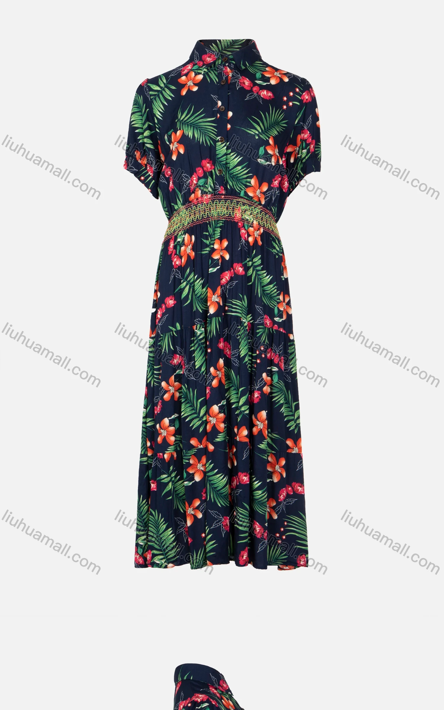 Wholesale Women's Casual Collared Puff Sleeve Button Front Pleated A-Line Dress - Liuhuamall