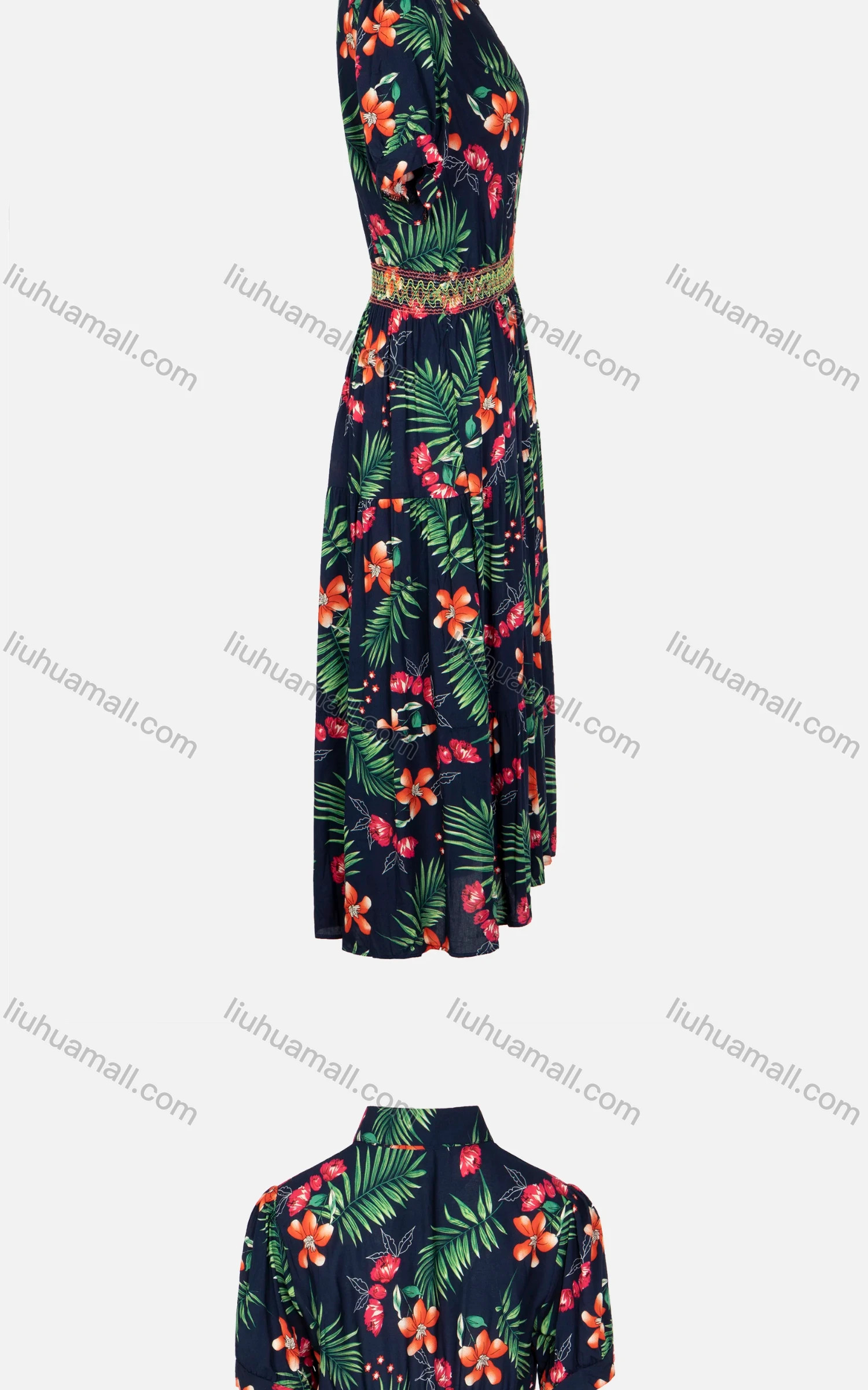 Wholesale Women's Casual Collared Puff Sleeve Button Front Pleated A-Line Dress - Liuhuamall