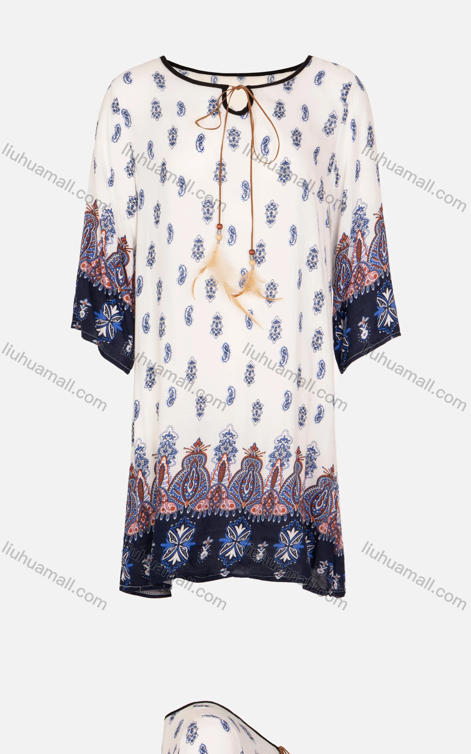 Wholesale Women's Casual Vintage Paisley Print Half Sleeve Notched Neck Midi Dress - Liuhuamall