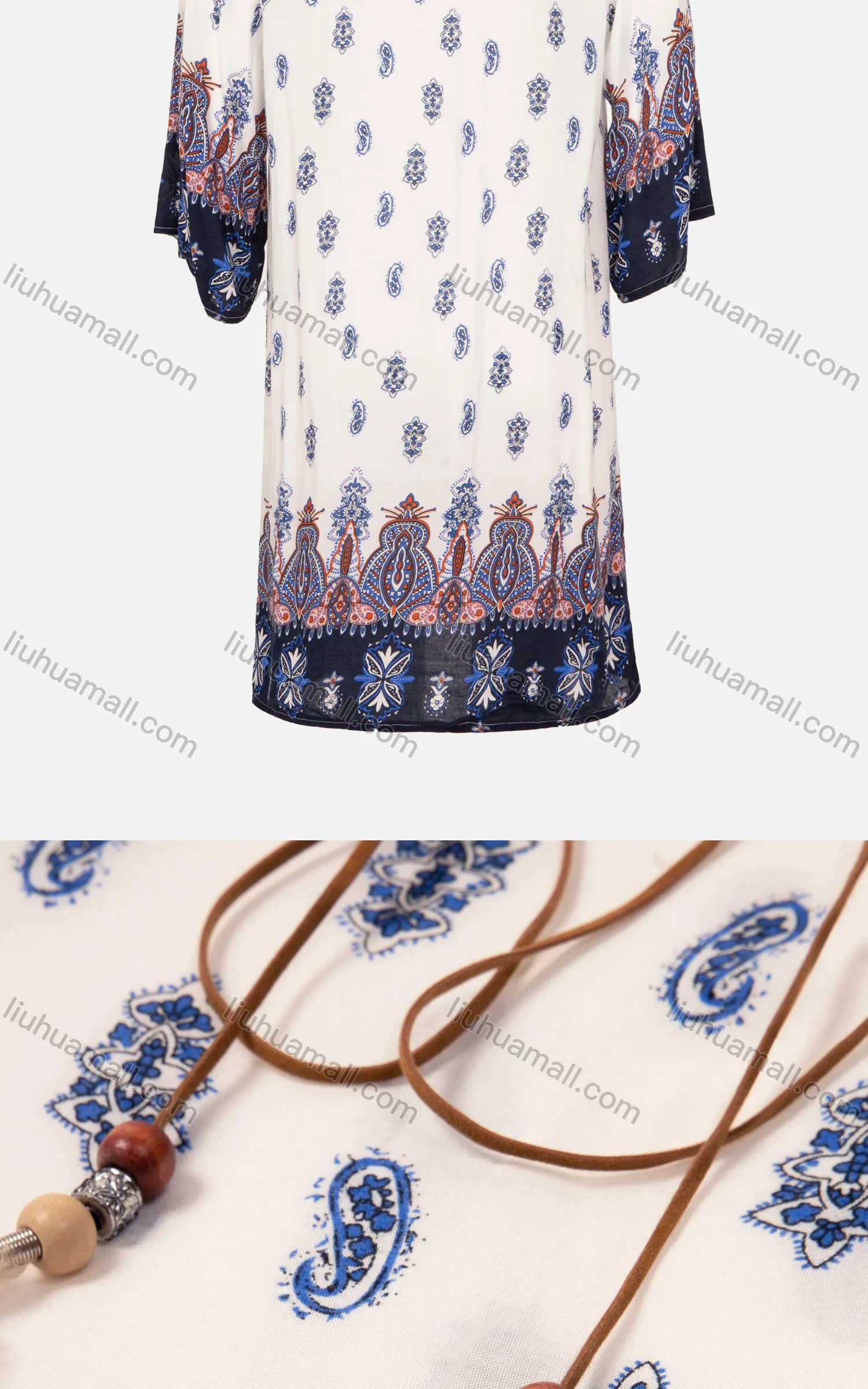Wholesale Women's Casual Vintage Paisley Print Half Sleeve Notched Neck Midi Dress - Liuhuamall