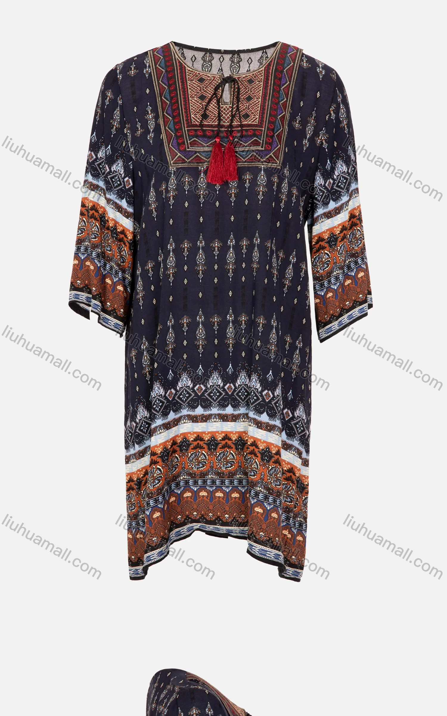 Wholesale Women's Vintage Half Sleeve Tie Neck Midi Dress - Liuhuamall