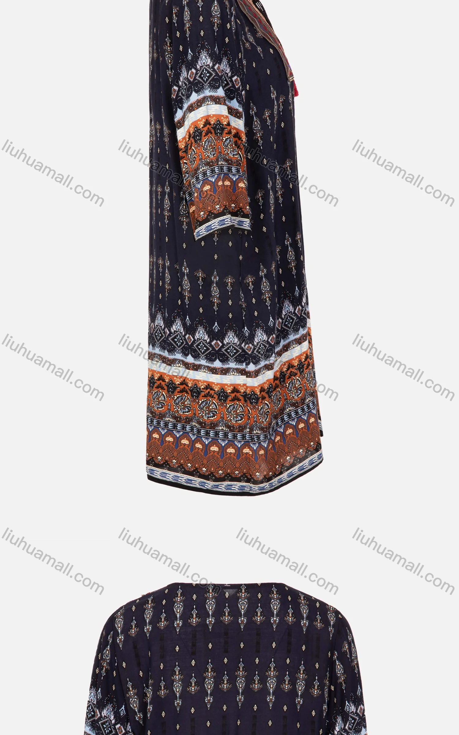 Wholesale Women's Vintage Half Sleeve Tie Neck Midi Dress - Liuhuamall