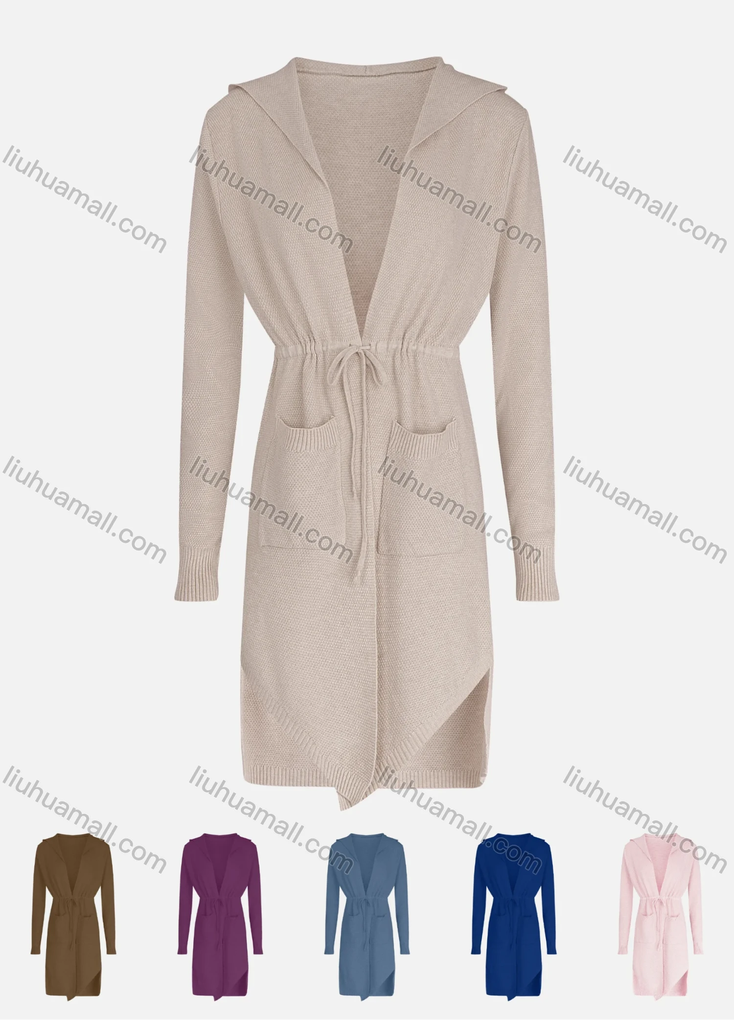 Wholesale Women's Plain Long Sleeve Tie Front Dual Pockets Hooded Cardigan - Liuhuamall