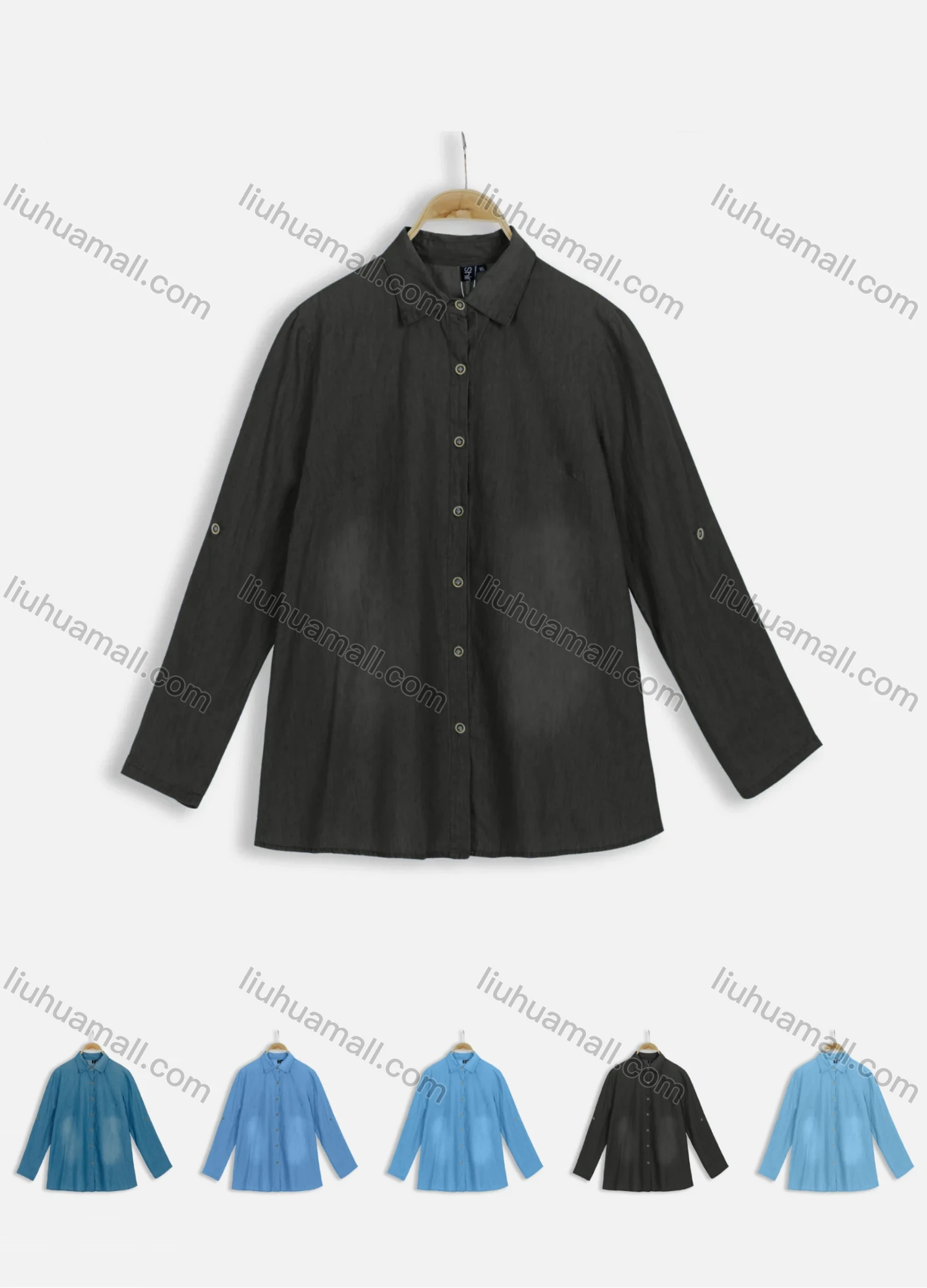 Wholesale Women's Fall Wash Stand Collar Button Front Denim Shirt - Liuhuamall