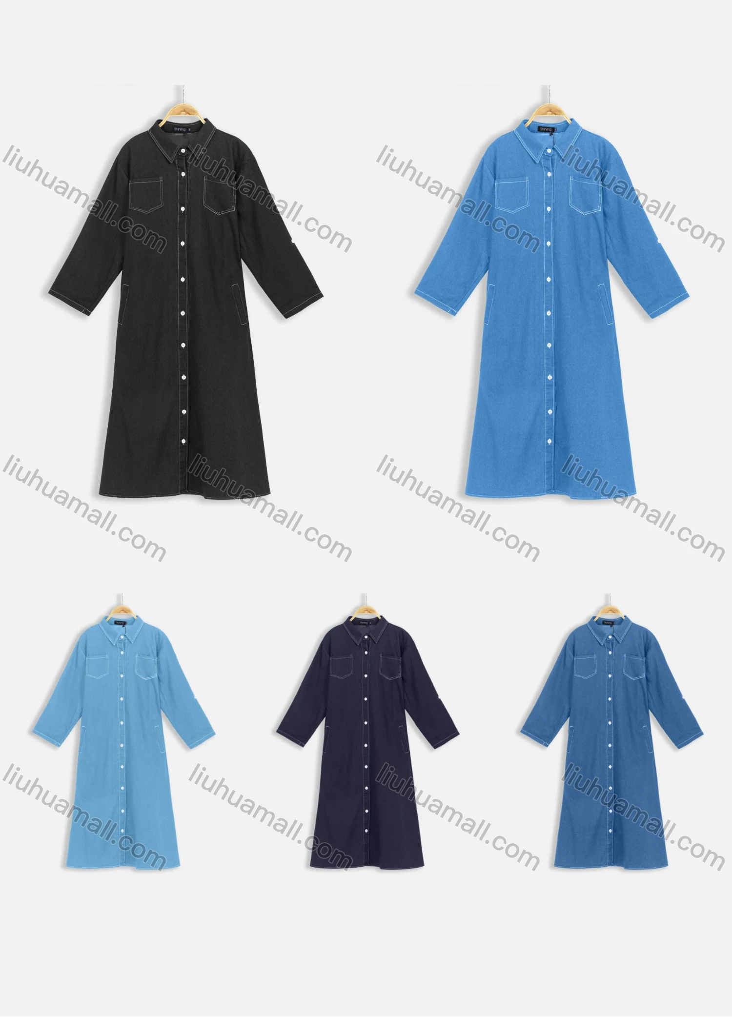 Wholesale Women's Casual 3/4 Sleeve Button Front Denim Shirt Dress - Liuhuamall