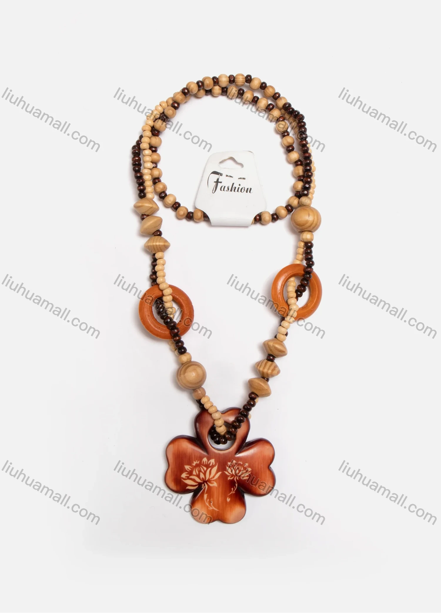 Wholesale Vintage Four Leaves Clover Wood Beads Necklace - Liuhuamall