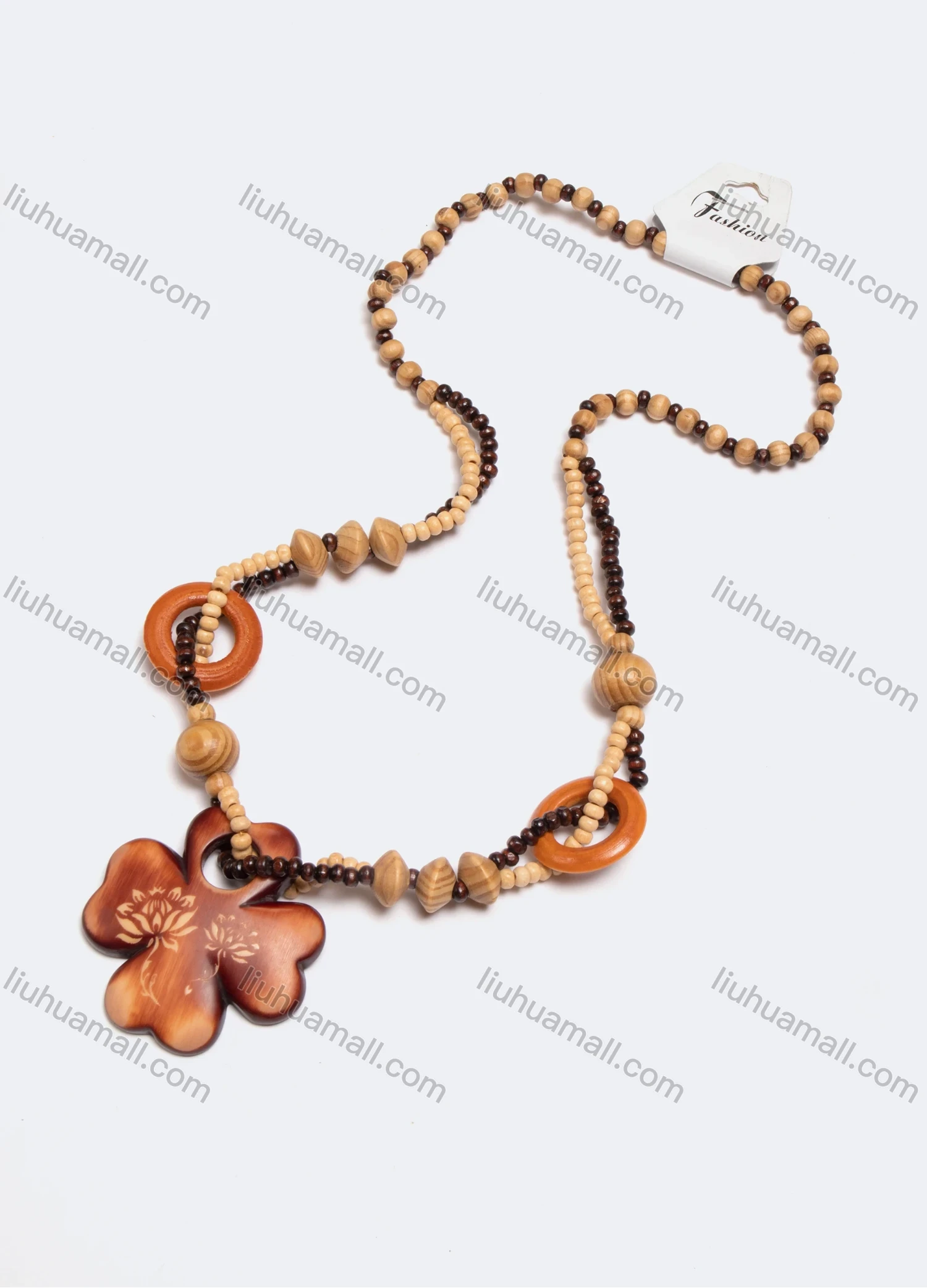 Wholesale Vintage Four Leaves Clover Wood Beads Necklace - Liuhuamall