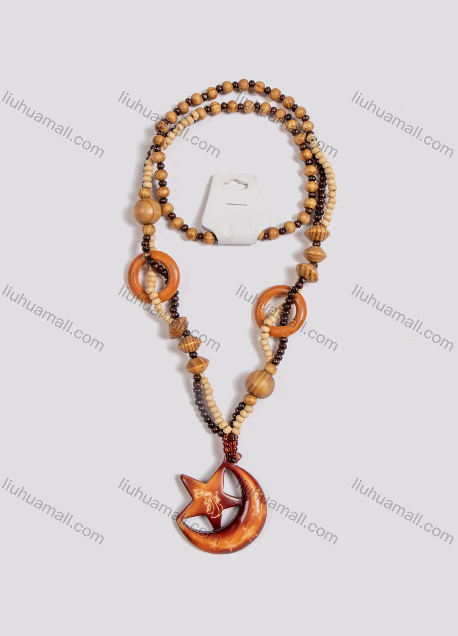 Wholesale Vintage Star & Moon Wood Beads Necklace - Liuhuamall