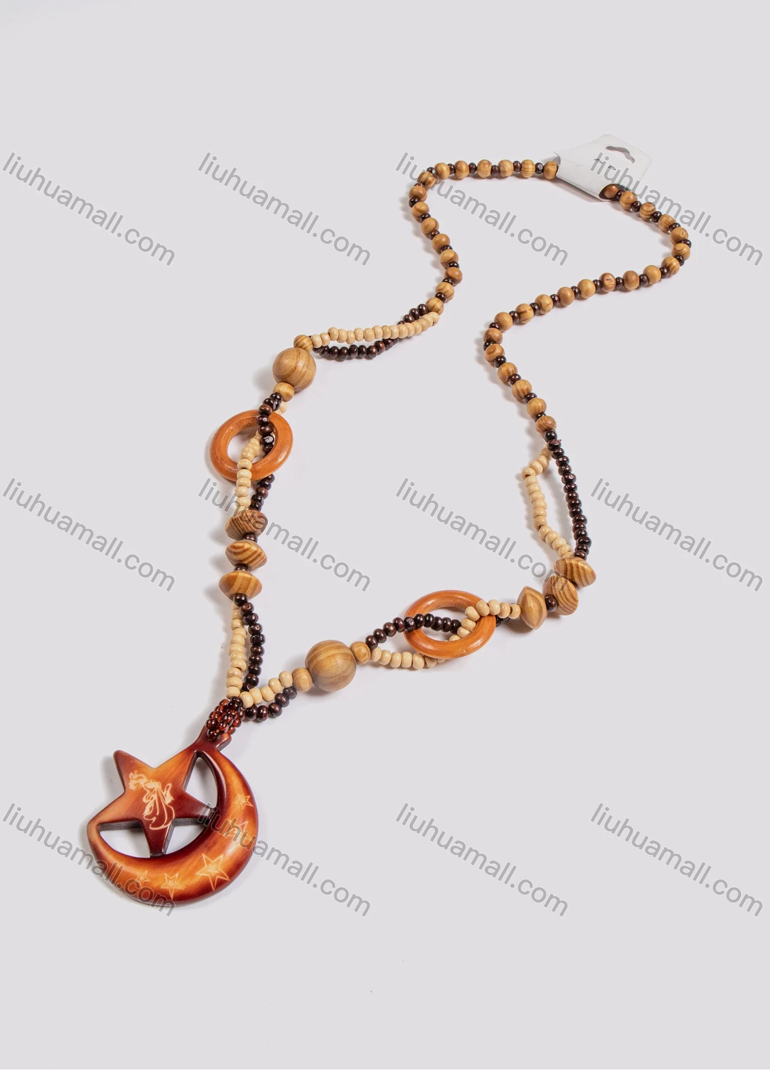 Wholesale Vintage Star & Moon Wood Beads Necklace - Liuhuamall