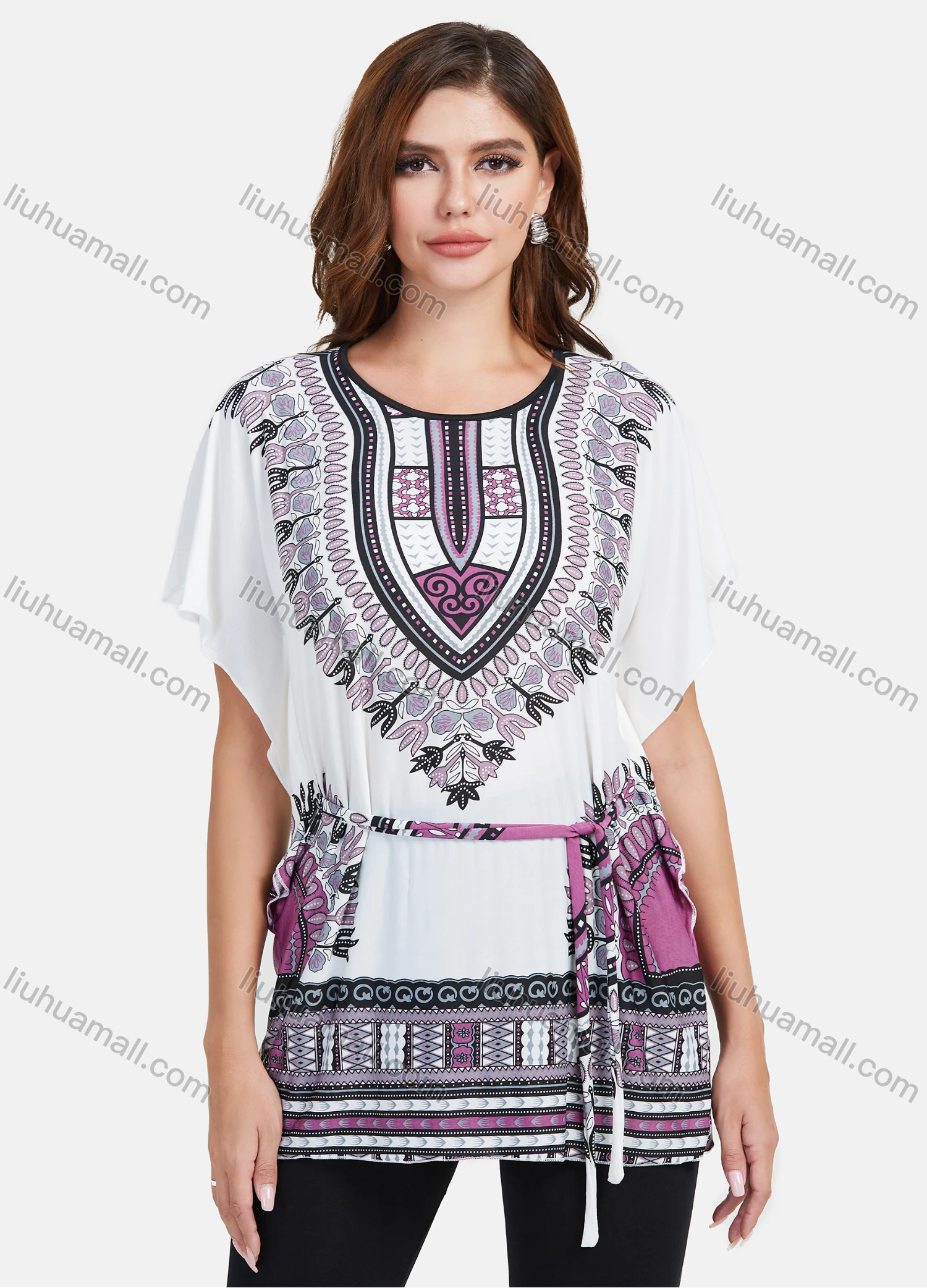 Wholesale Women's LightWeight Loose Fit Batwing Sleeve Tribal Print Mid Length Top With Belt - Liuhuamall