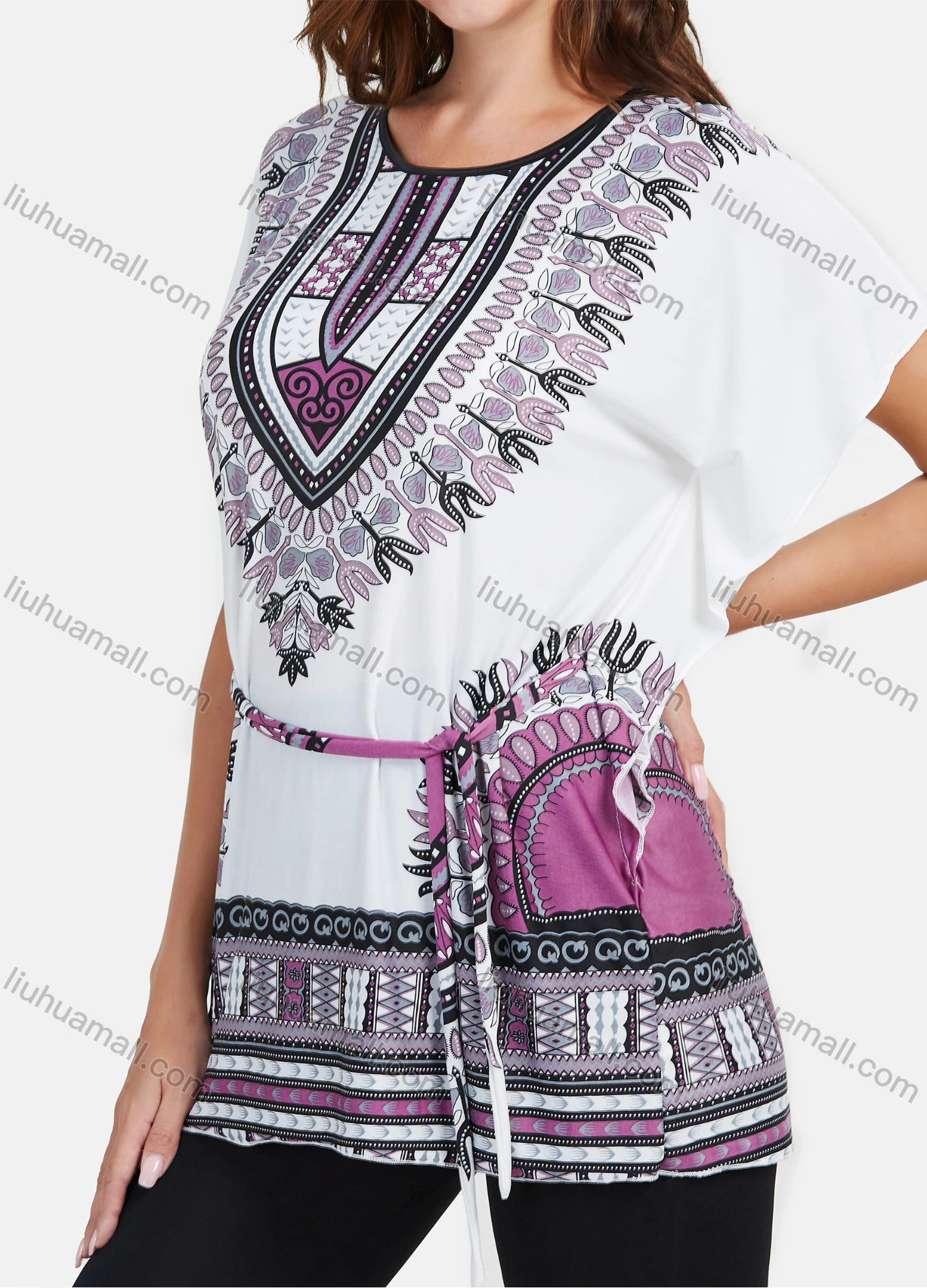 Wholesale Women's LightWeight Loose Fit Batwing Sleeve Tribal Print Mid Length Top With Belt - Liuhuamall