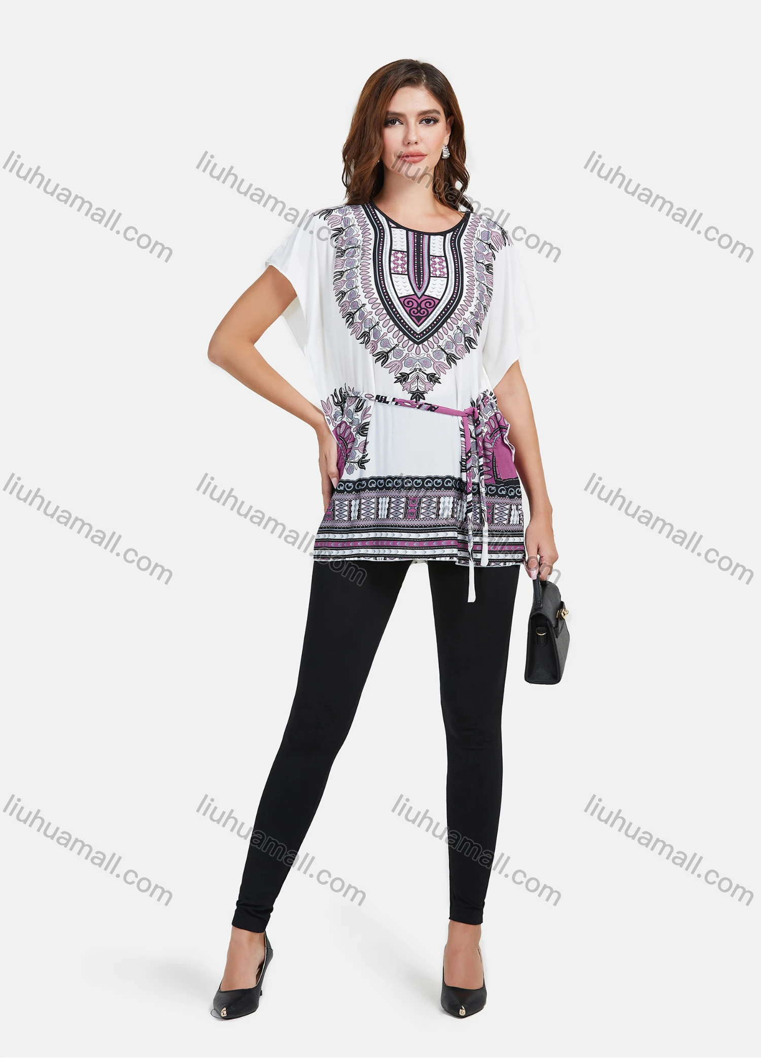 Wholesale Women's LightWeight Loose Fit Batwing Sleeve Tribal Print Mid Length Top With Belt - Liuhuamall