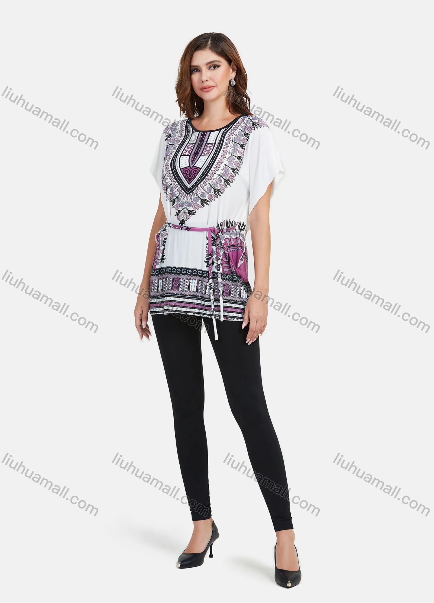 Wholesale Women's LightWeight Loose Fit Batwing Sleeve Tribal Print Mid Length Top With Belt - Liuhuamall