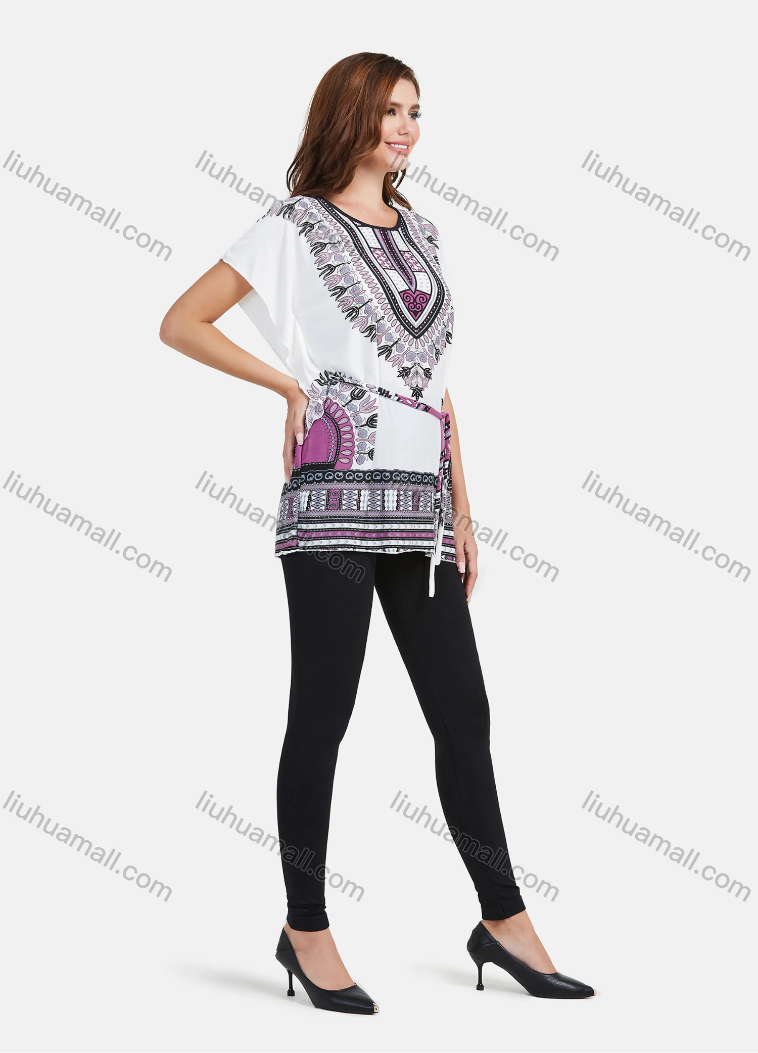 Wholesale Women's LightWeight Loose Fit Batwing Sleeve Tribal Print Mid Length Top With Belt - Liuhuamall