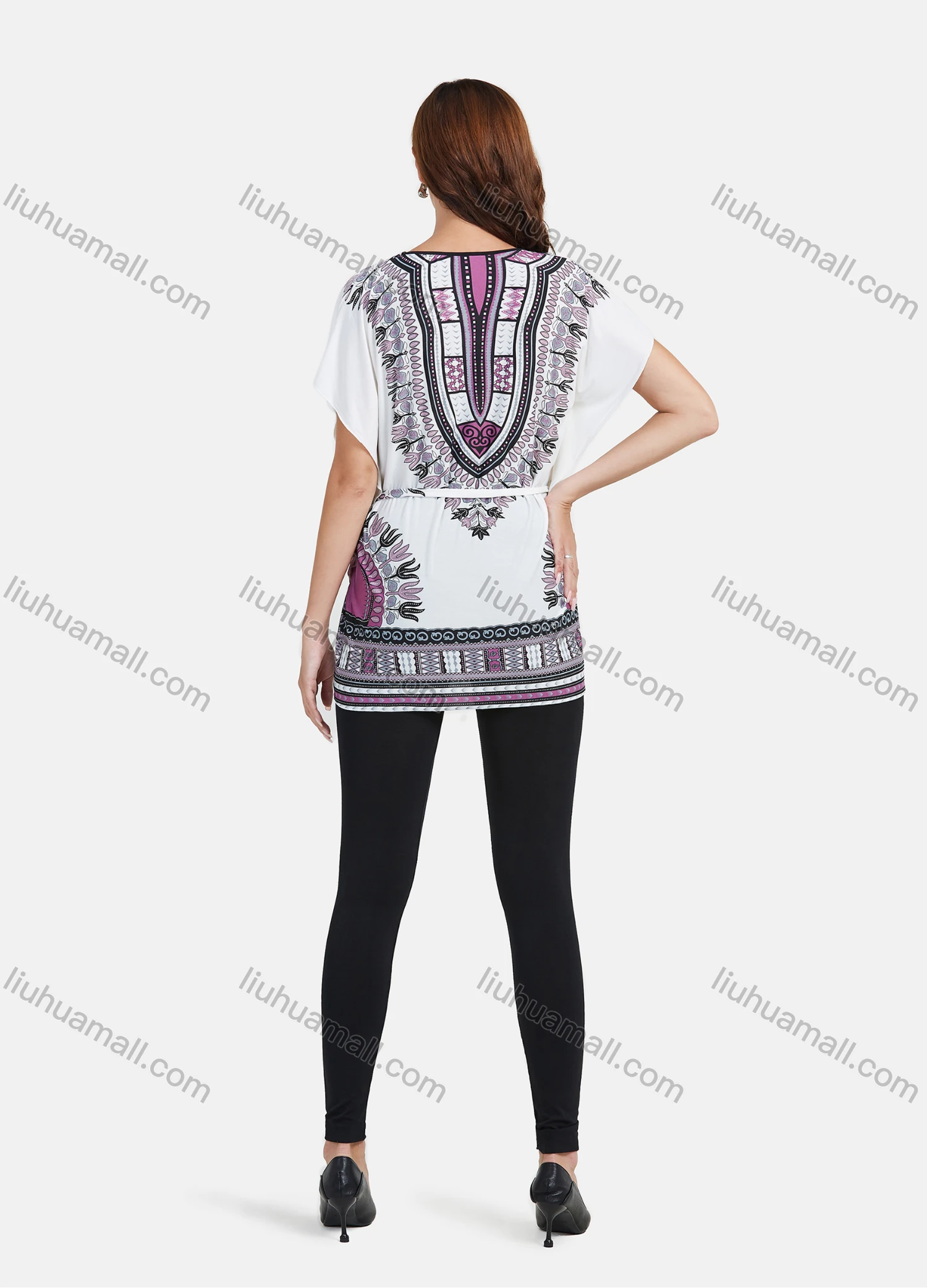 Wholesale Women's LightWeight Loose Fit Batwing Sleeve Tribal Print Mid Length Top With Belt - Liuhuamall