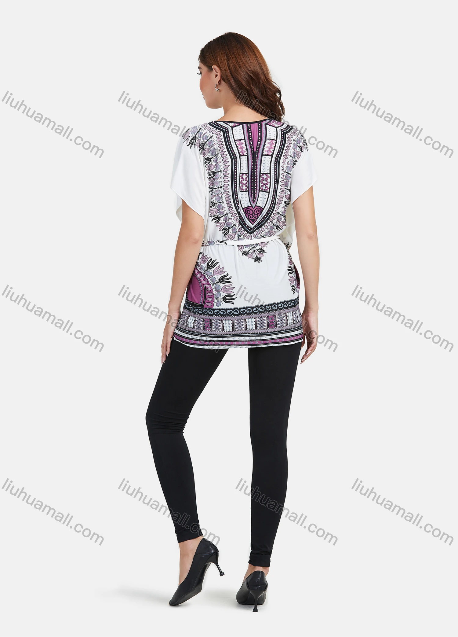 Wholesale Women's LightWeight Loose Fit Batwing Sleeve Tribal Print Mid Length Top With Belt - Liuhuamall