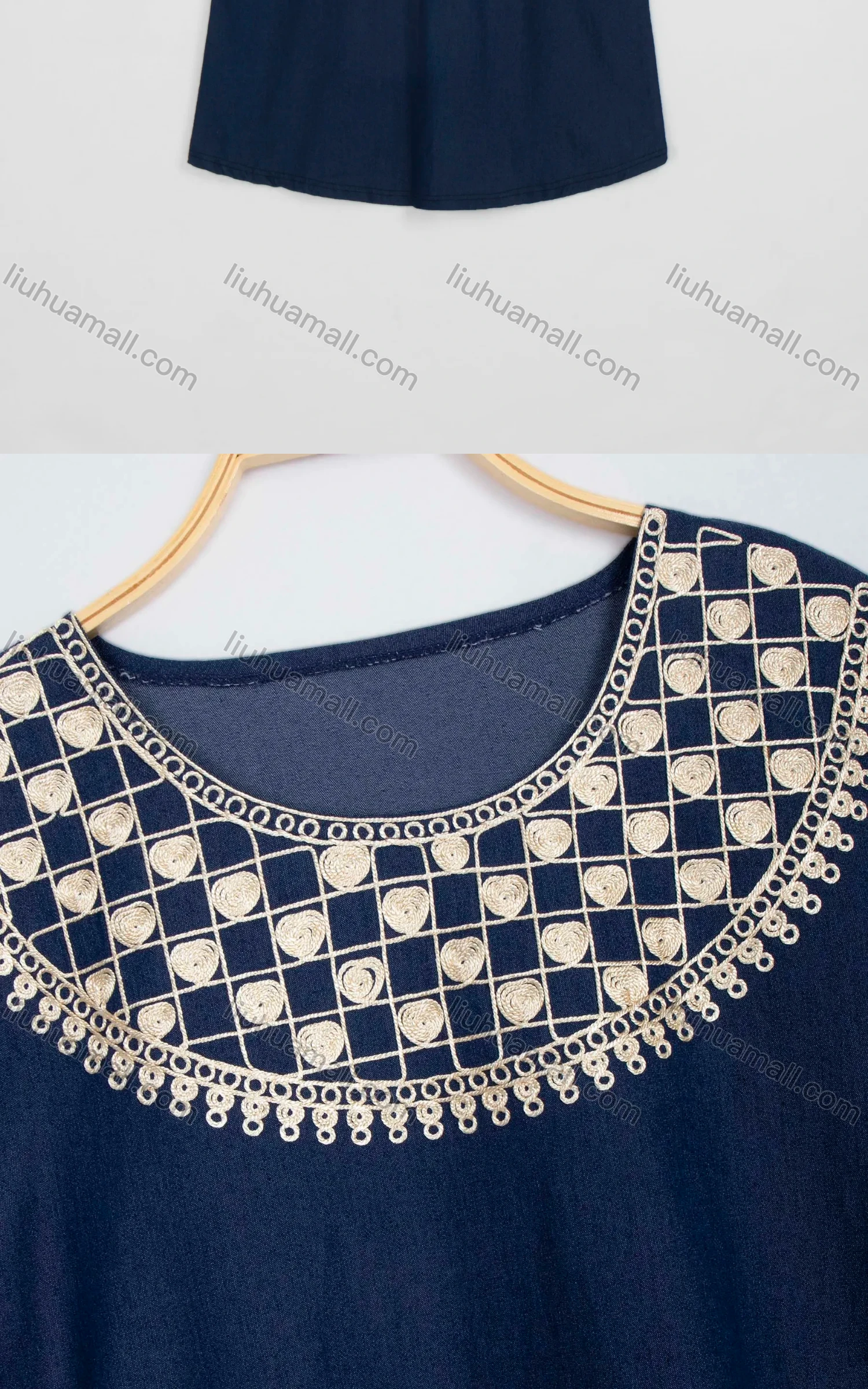 Wholesale Women's Plus Size Casual Half Sleeve Crew Neck Embroidery Denim Midi Dress - Liuhuamall