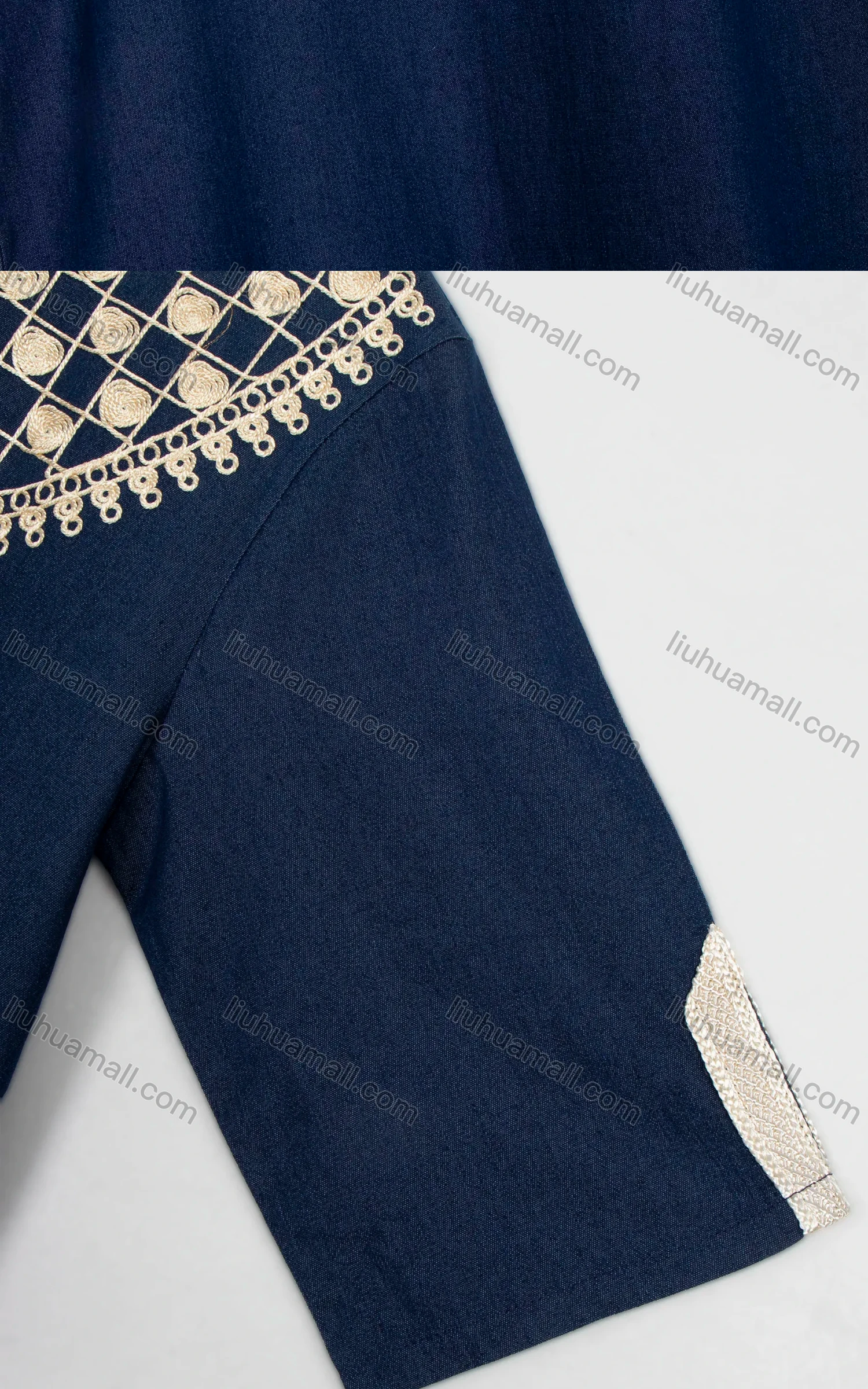 Wholesale Women's Plus Size Casual Half Sleeve Crew Neck Embroidery Denim Midi Dress - Liuhuamall