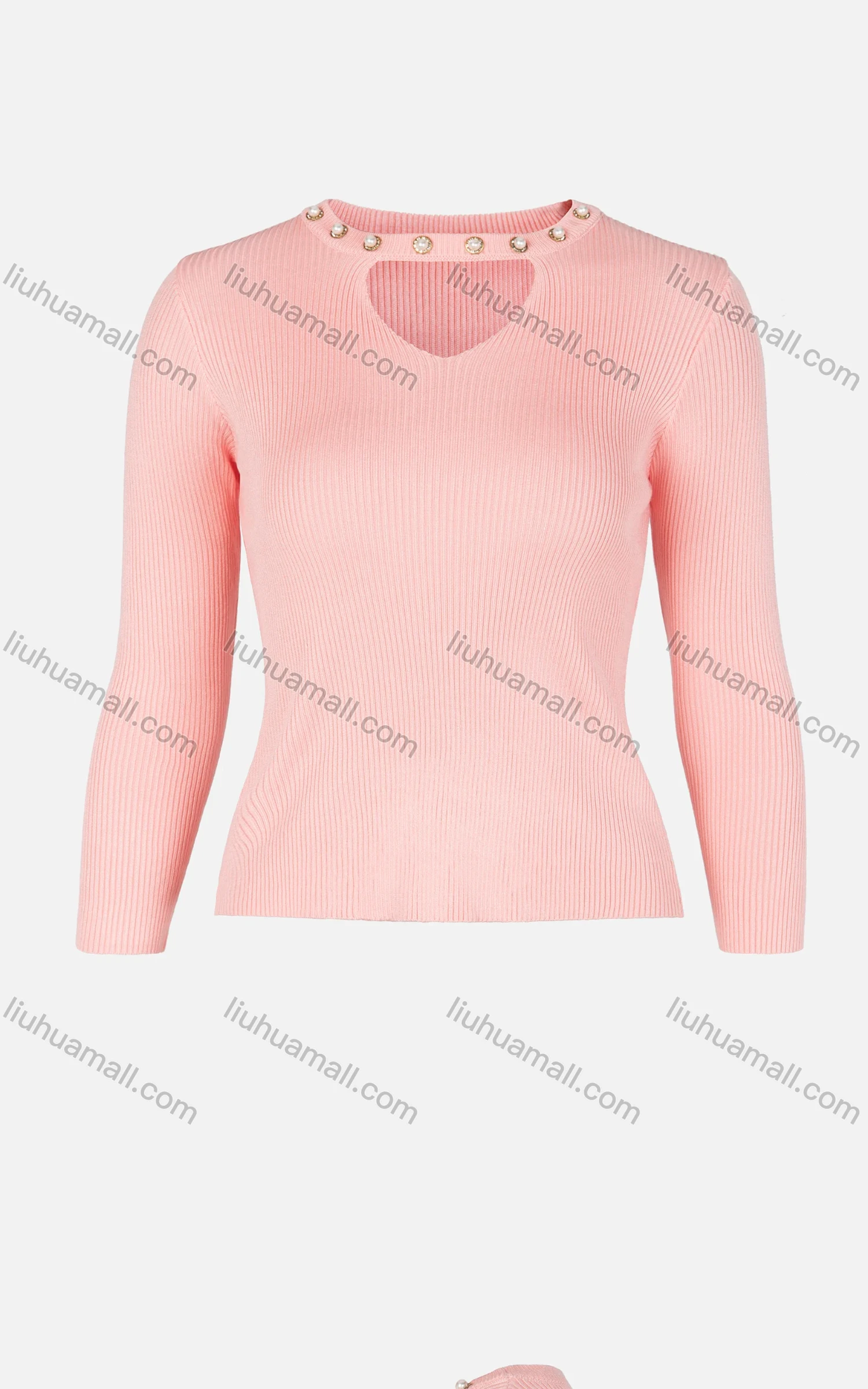 Wholesale Women's Plain Keyhole Neck Pearl & Rhinestone Decor Rib-knit Sweater - Liuhuamall