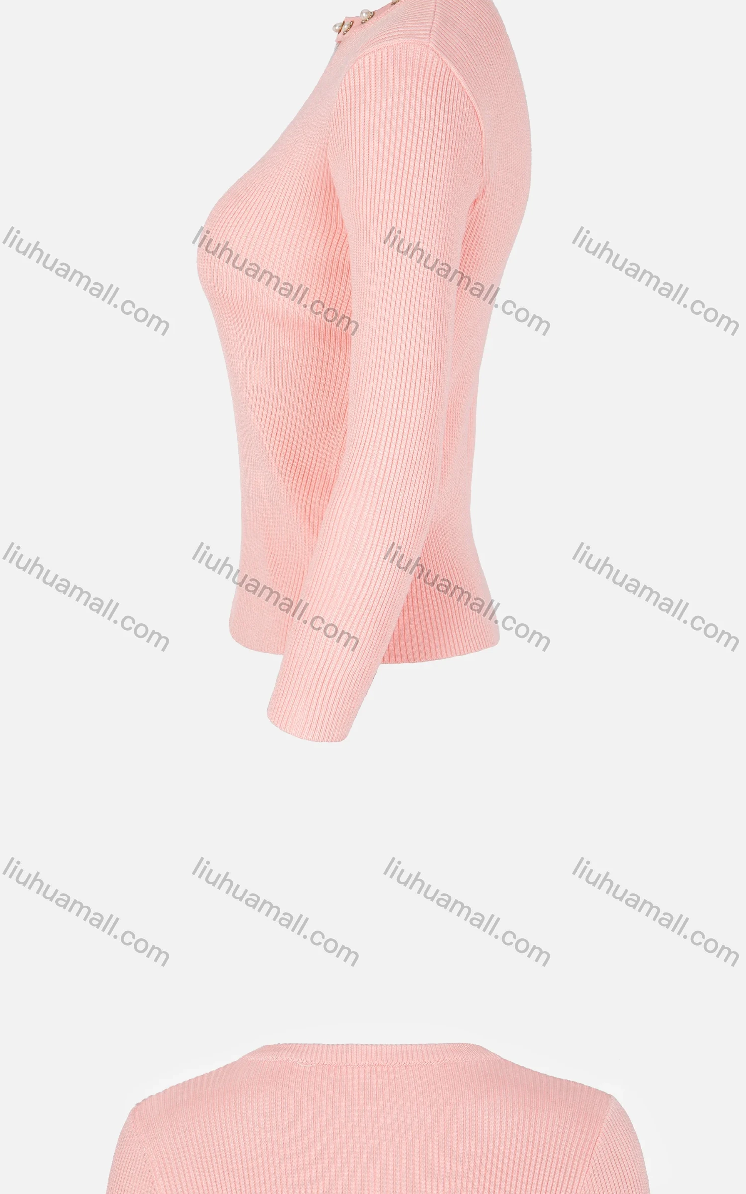 Wholesale Women's Plain Keyhole Neck Pearl & Rhinestone Decor Rib-knit Sweater - Liuhuamall