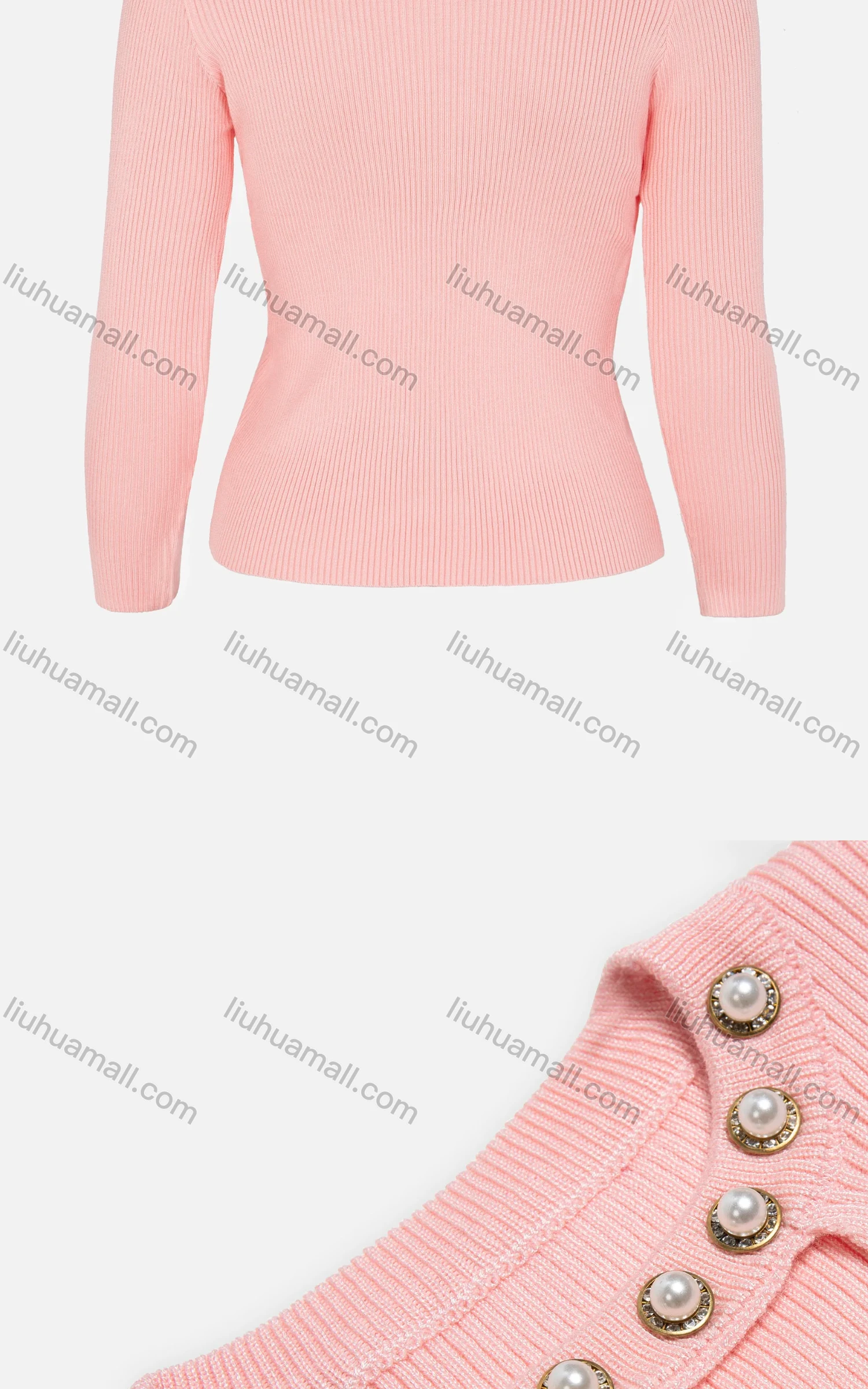 Wholesale Women's Plain Keyhole Neck Pearl & Rhinestone Decor Rib-knit Sweater - Liuhuamall