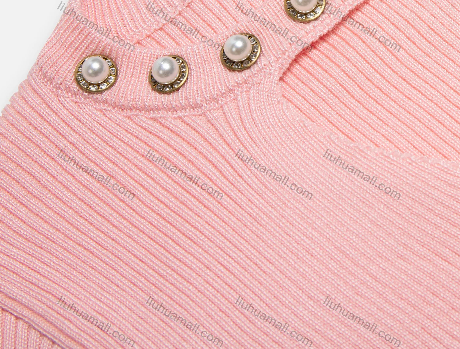 Wholesale Women's Plain Keyhole Neck Pearl & Rhinestone Decor Rib-knit Sweater - Liuhuamall