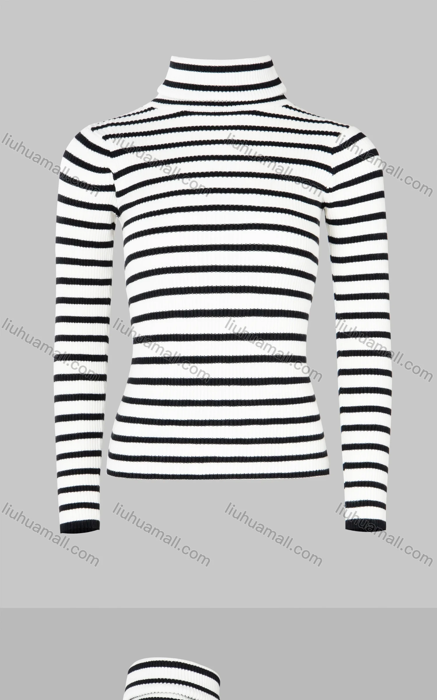 Wholesale Women's Striped Rib-knit Turtleneck Button Cuff Long Sleeve Sweater - Liuhuamall