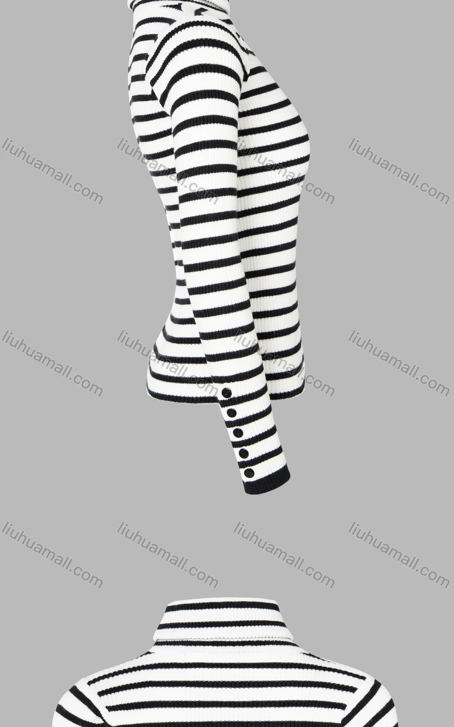 Wholesale Women's Striped Rib-knit Turtleneck Button Cuff Long Sleeve Sweater - Liuhuamall