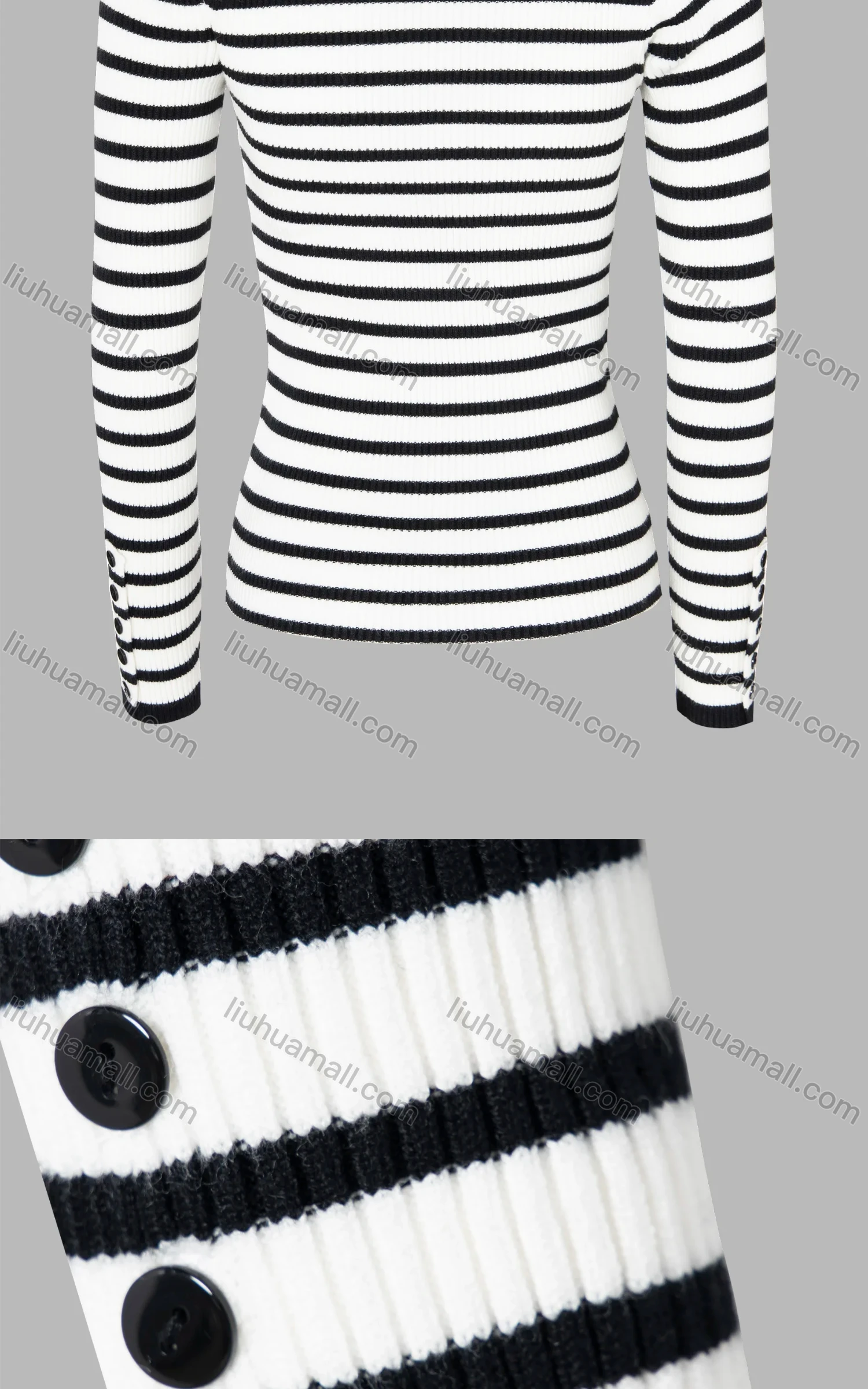 Wholesale Women's Striped Rib-knit Turtleneck Button Cuff Long Sleeve Sweater - Liuhuamall