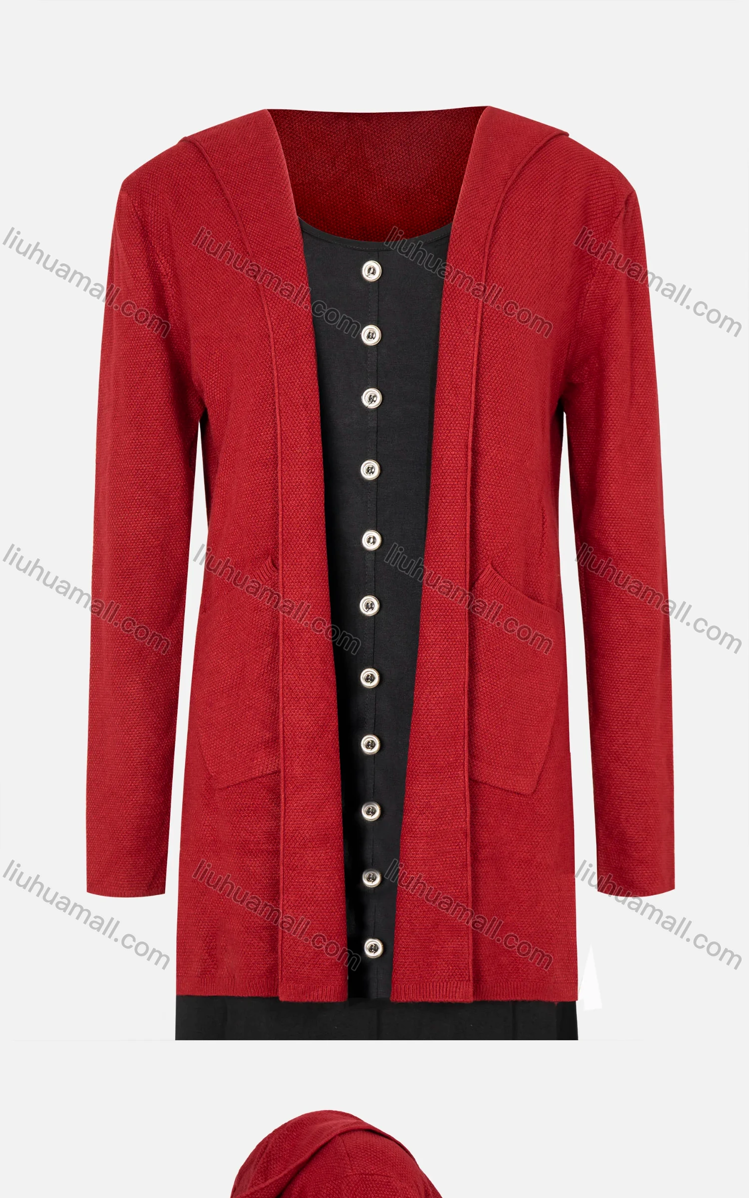 Wholesale Women's Open Front Hooded Long Sleeve Belted Knit Side Slit Cardigan - Liuhuamall