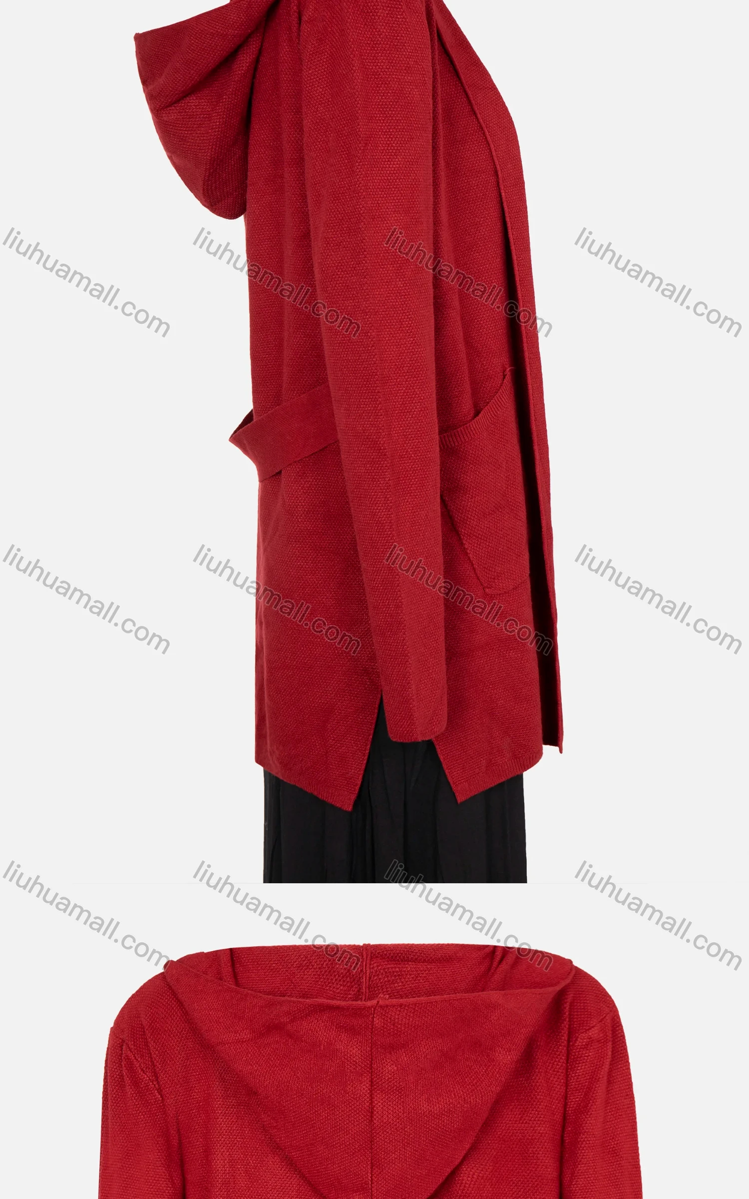 Wholesale Women's Open Front Hooded Long Sleeve Belted Knit Side Slit Cardigan - Liuhuamall