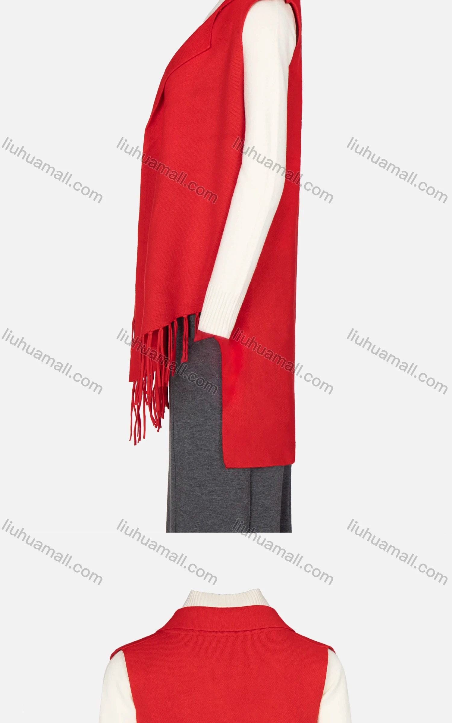 Wholesale Women's Fringe Trim Lapel Sleeveless High Low Asymmetrical Hem Cardigan - Liuhuamall