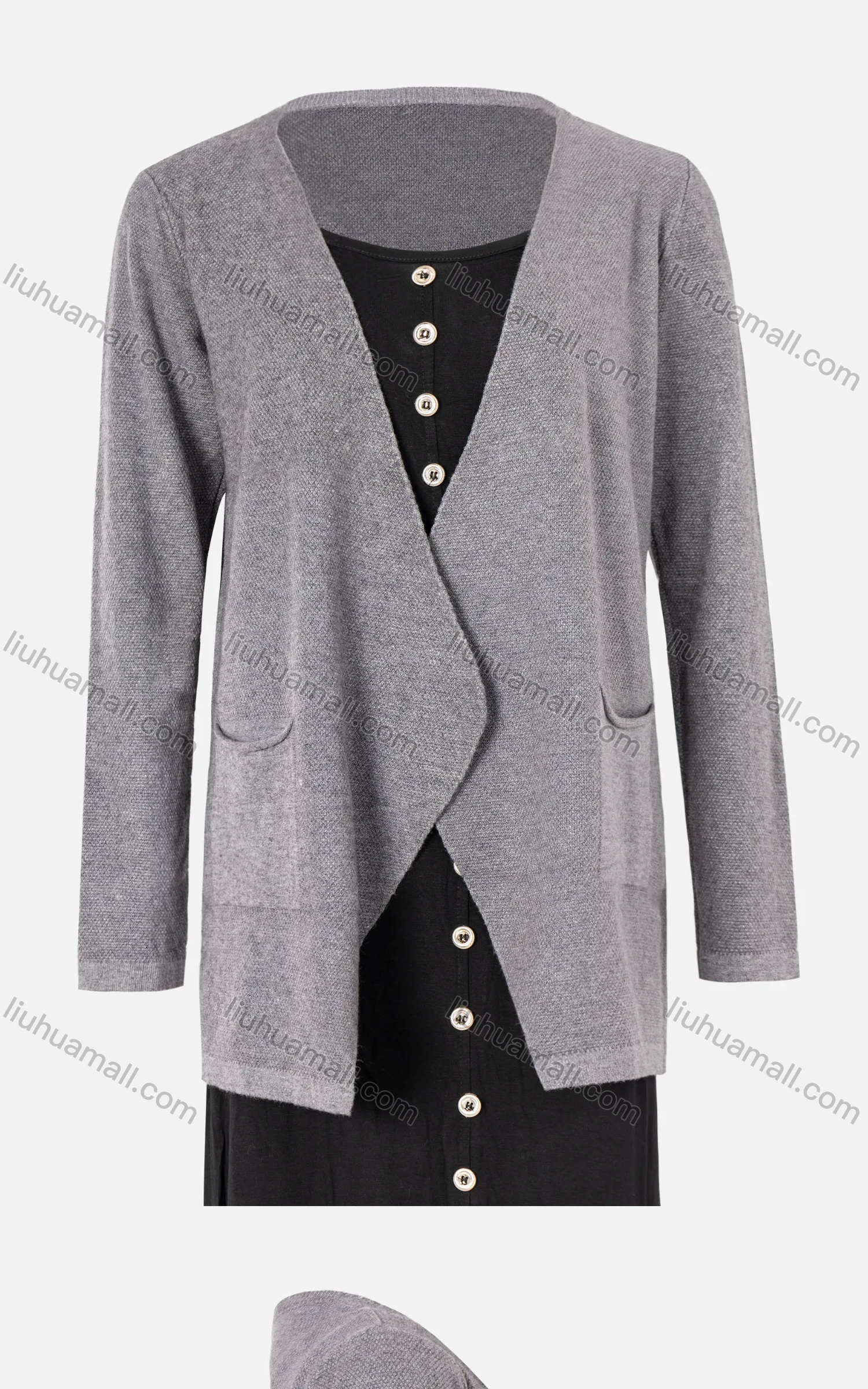 Wholesale Women's Plain Open Front Dual Pocket Rib-knit Trim Long Sleeve Cardigan - Liuhuamall