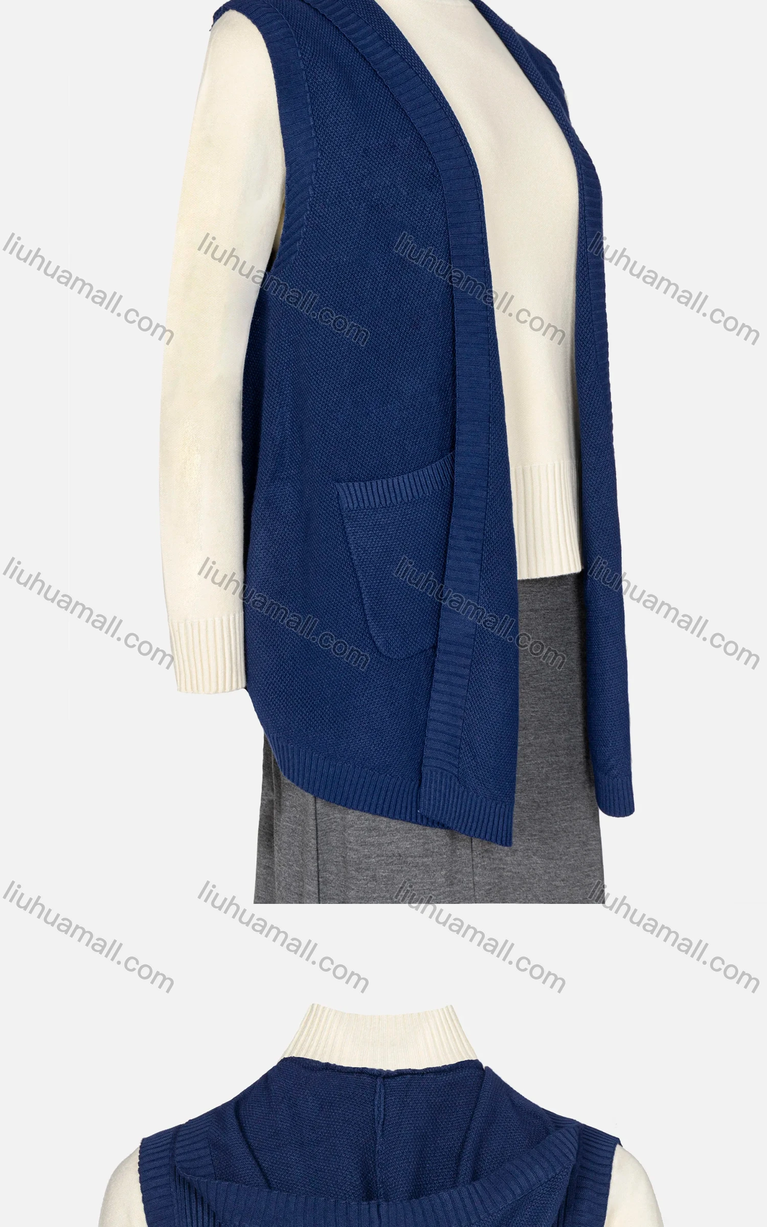 Wholesale Women's Plain Sleeveless Rib-knit Trim Hooded Button Decor Cardigan - Liuhuamall